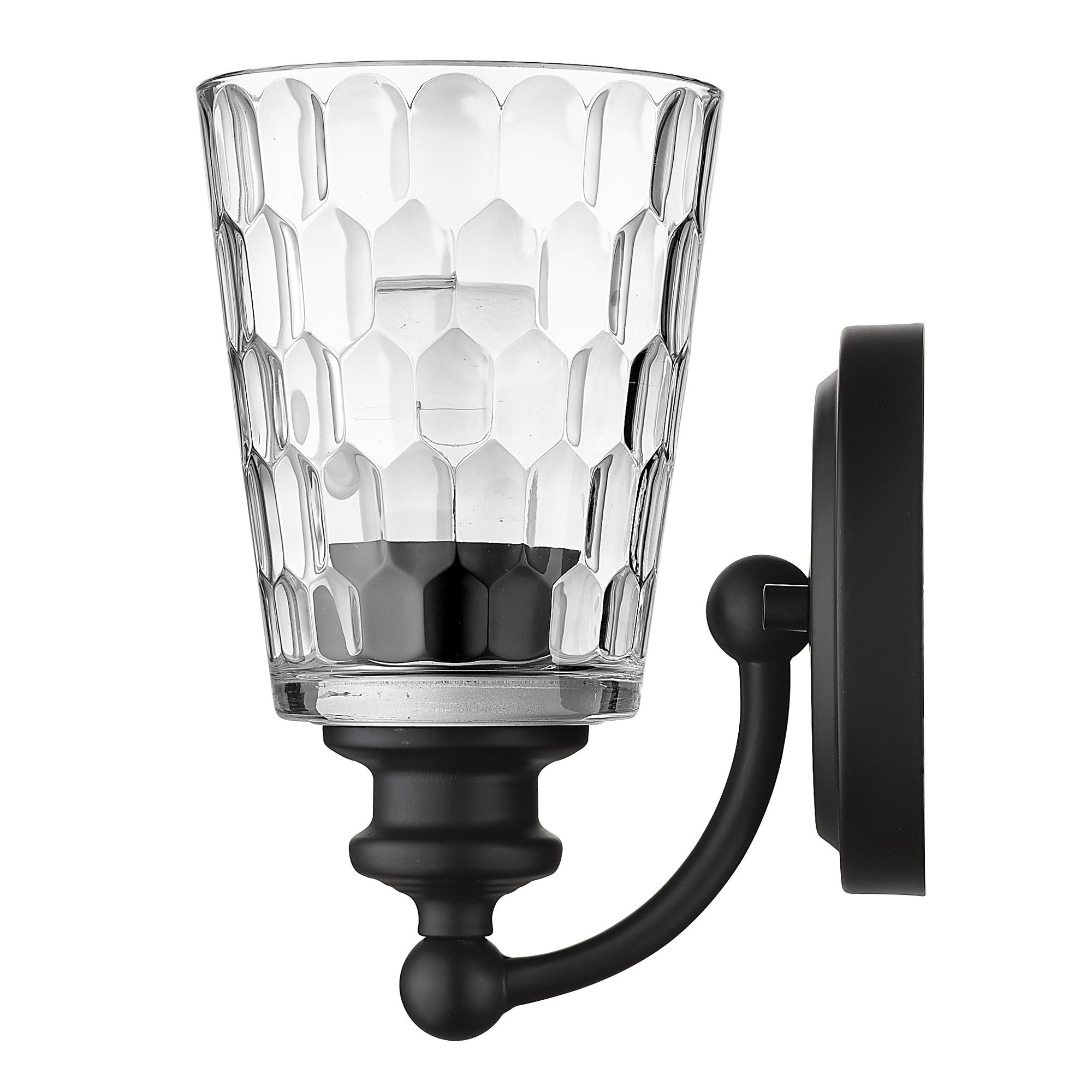 Side view of the Black metal wall sconce with pebbled glass shade – modern, dimmable indoor lighting fixture.