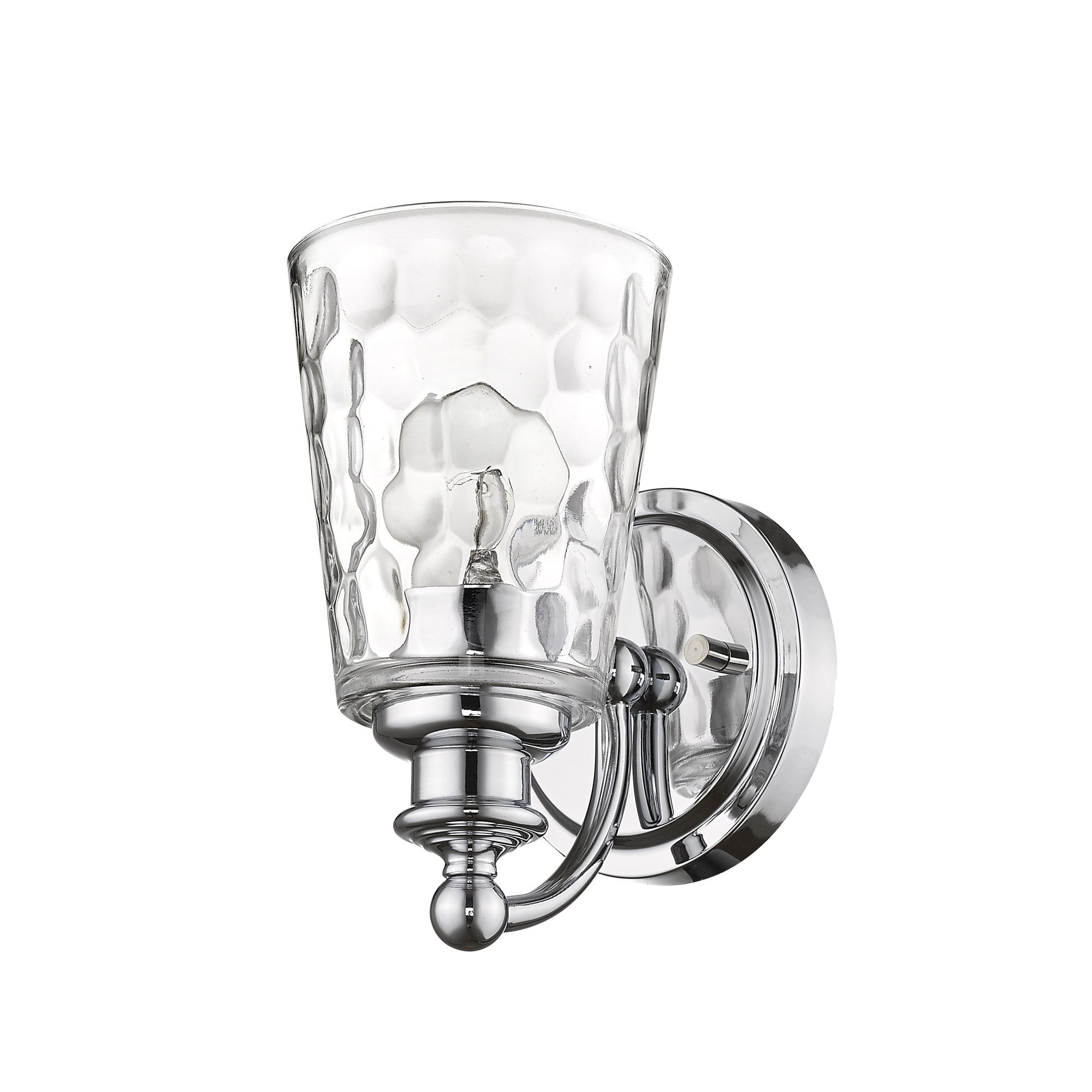 Bottom up right side angle view of the Silver metal wall sconce with pebbled glass shade – modern and classic indoor lighting fixture.