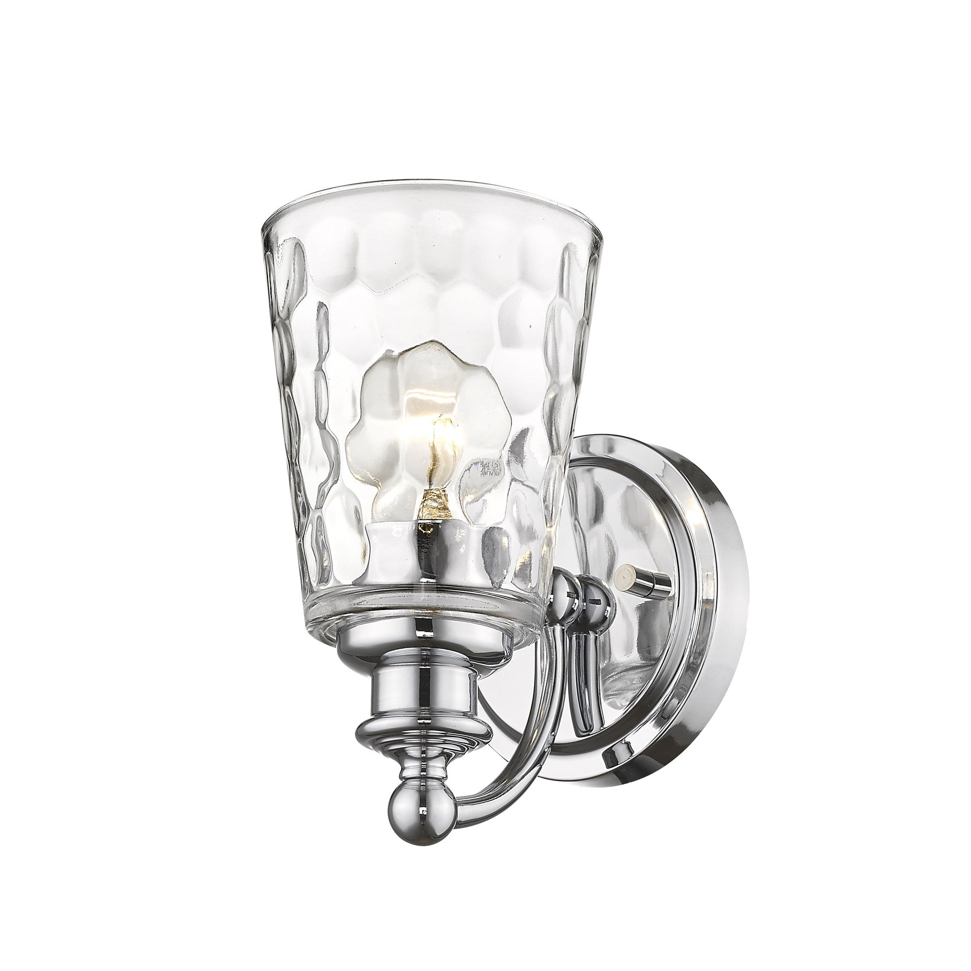 Bottom up right side angle view of the lighted Silver metal wall sconce with pebbled glass shade – modern and classic indoor lighting fixture.