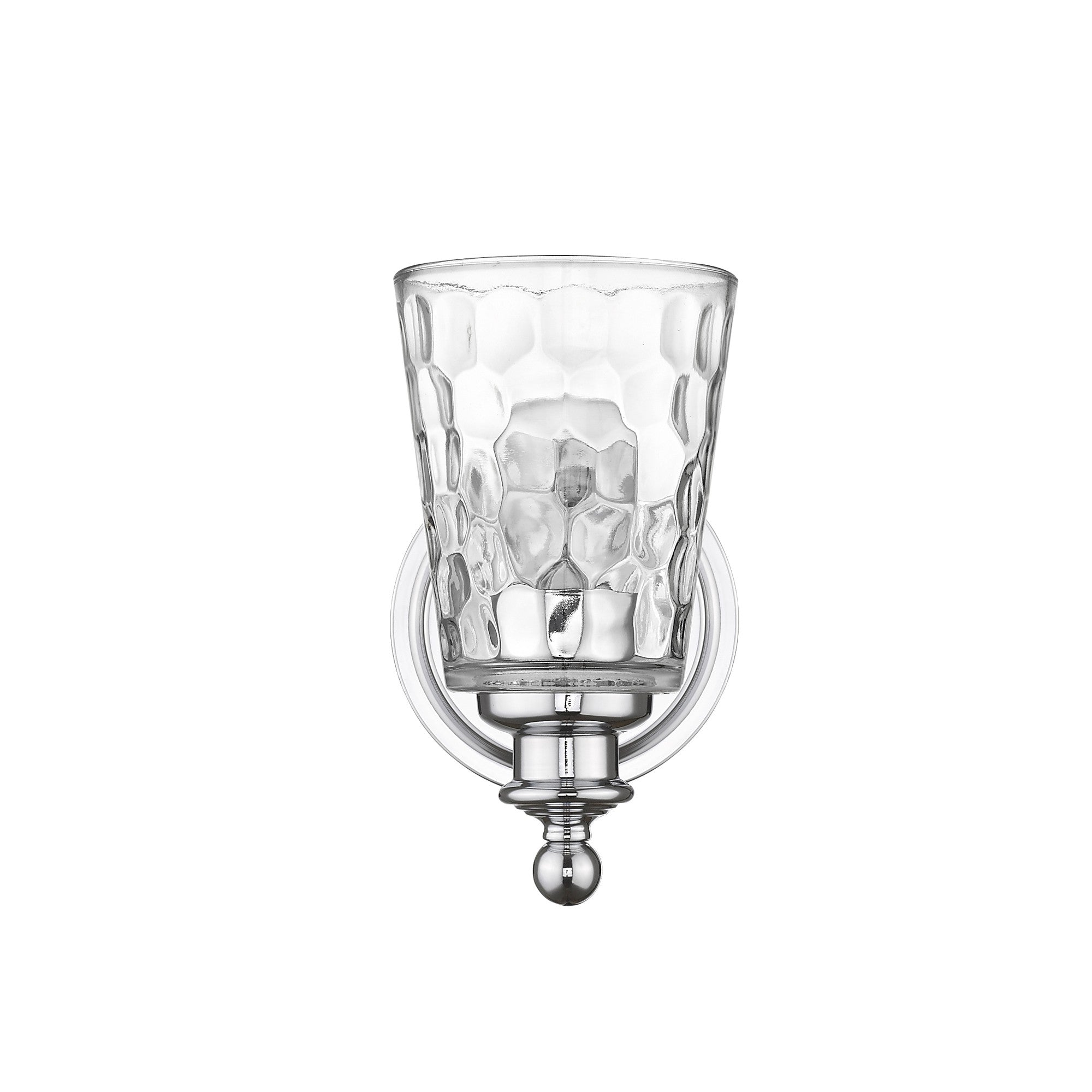Front view of the Silver metal wall sconce with pebbled glass shade – modern and classic indoor lighting fixture.