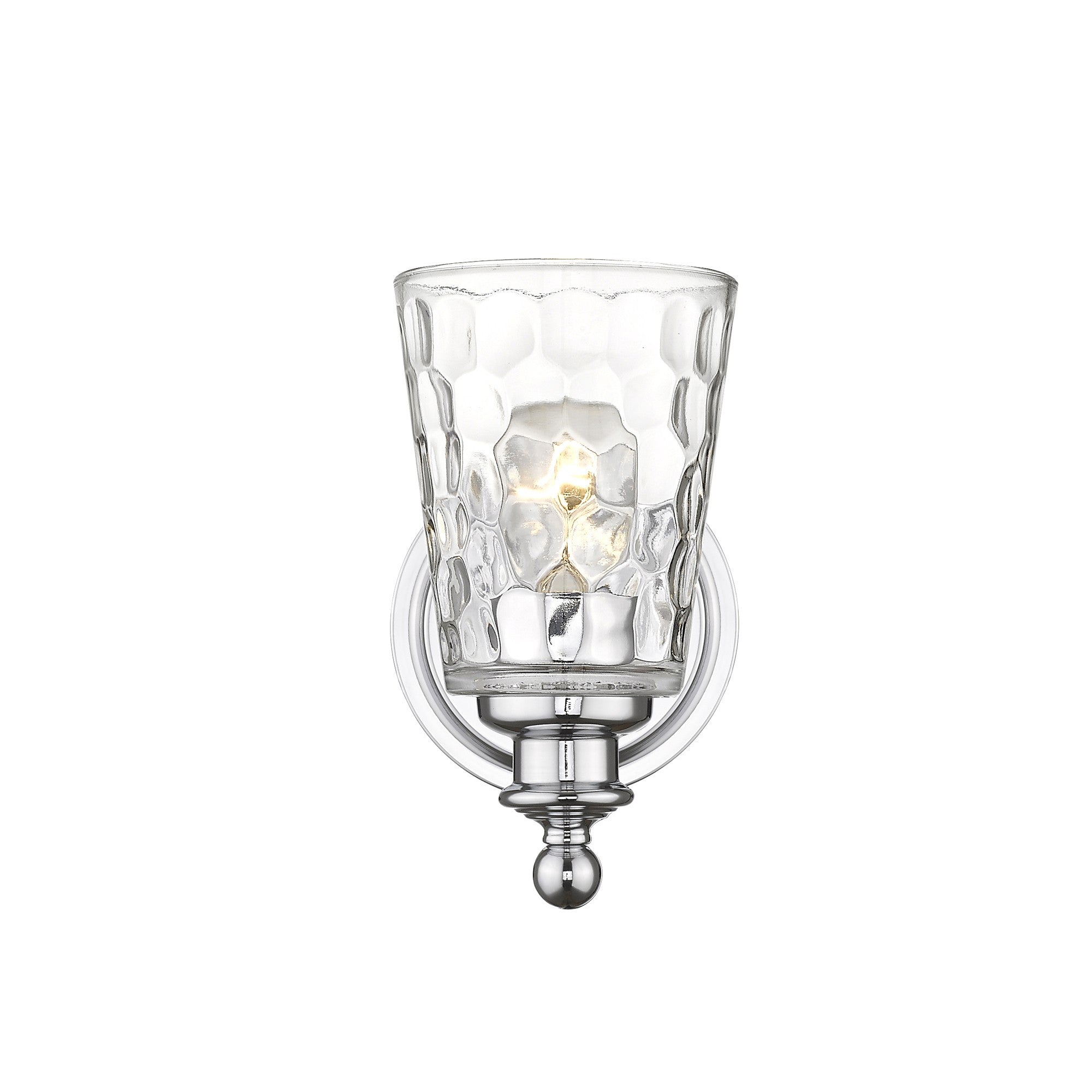 Front view of the lighted Silver metal wall sconce with pebbled glass shade – modern and classic indoor lighting fixture.