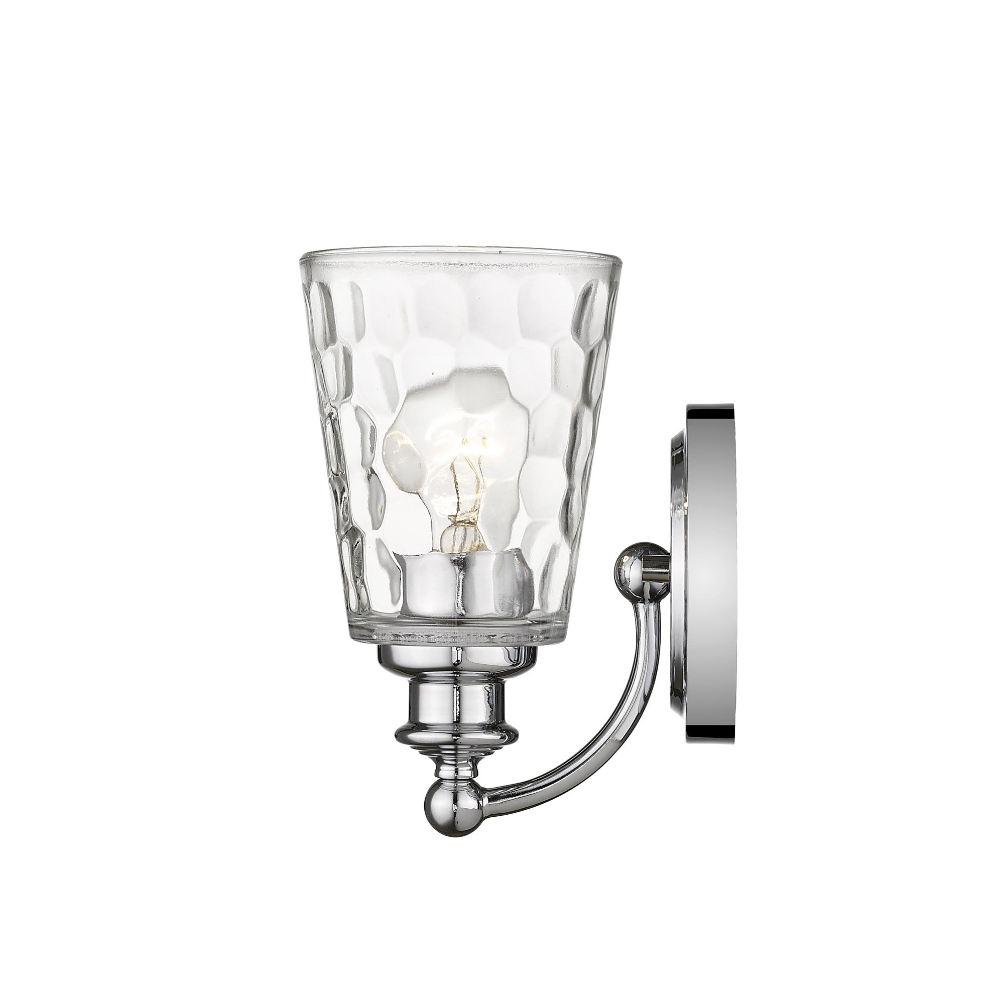 Side view of the lighted Silver metal wall sconce with pebbled glass shade – modern and classic indoor lighting fixture.