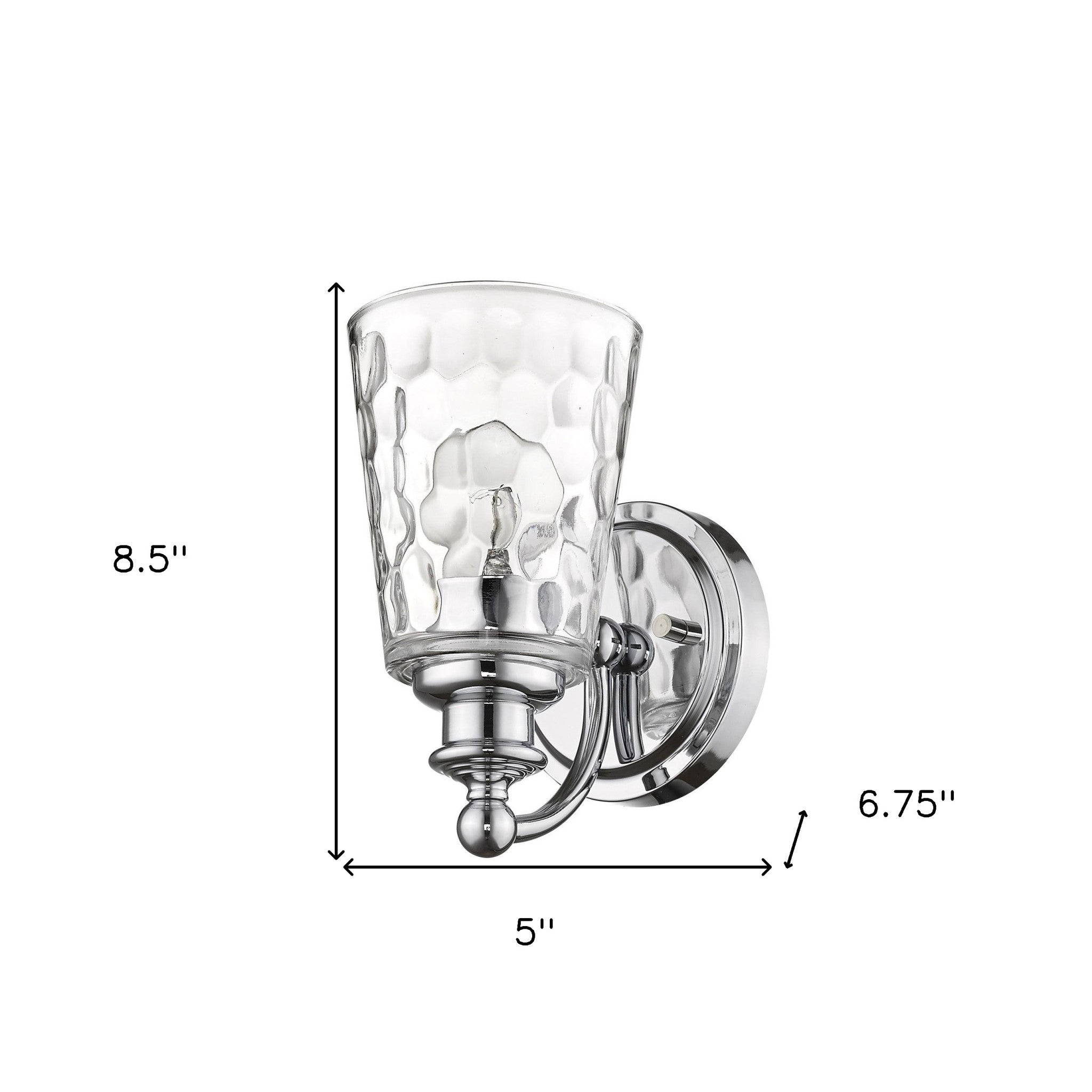 Silver metal wall sconce with pebbled glass shade – modern and classic indoor lighting fixture shown with dimensions of 8 point 5 inches high by 5 inches wide by 6 point 75 inches deep