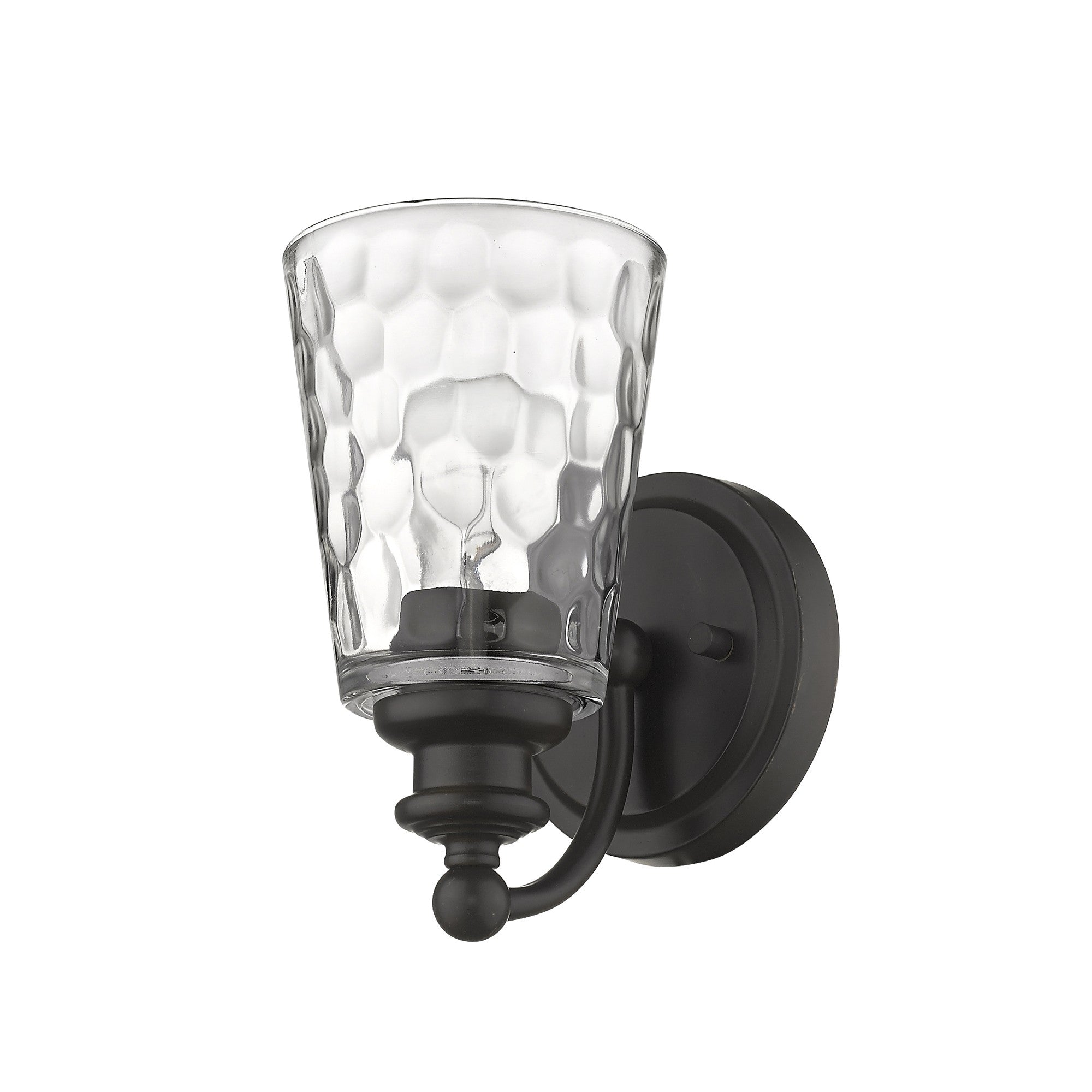 Right side angle view of the Bronze metal wall sconce with pebbled glass shade – classic and modern indoor lighting fixture.