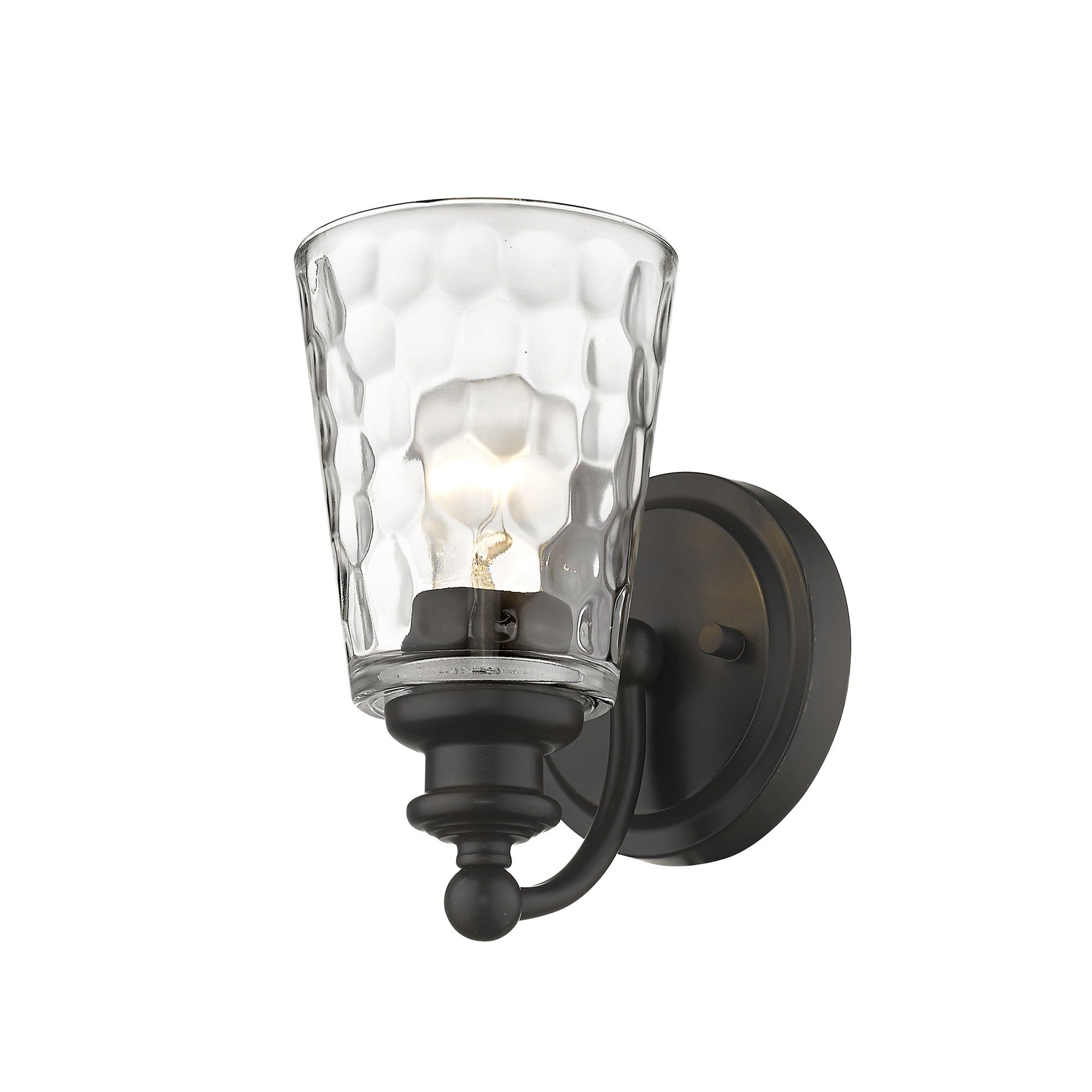 Right side angle view of the lighted Bronze metal wall sconce with pebbled glass shade – classic and modern indoor lighting fixture.