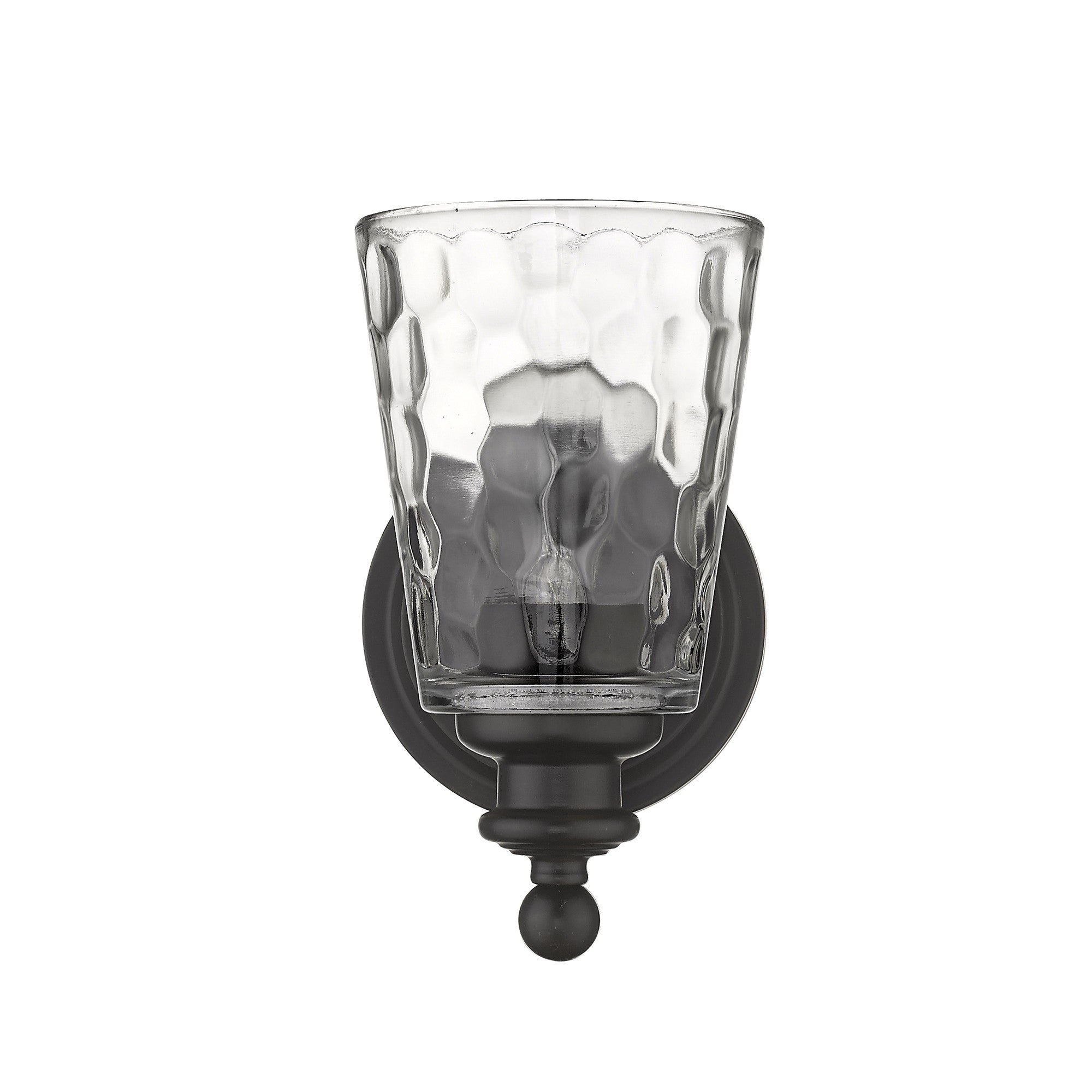 Front view of the Bronze metal wall sconce with pebbled glass shade – classic and modern indoor lighting fixture.