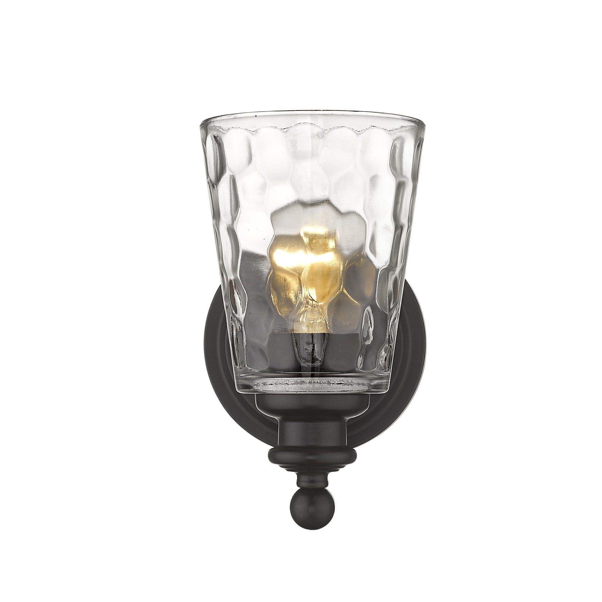 Front view of the lighted Bronze metal wall sconce with pebbled glass shade – classic and modern indoor lighting fixture.