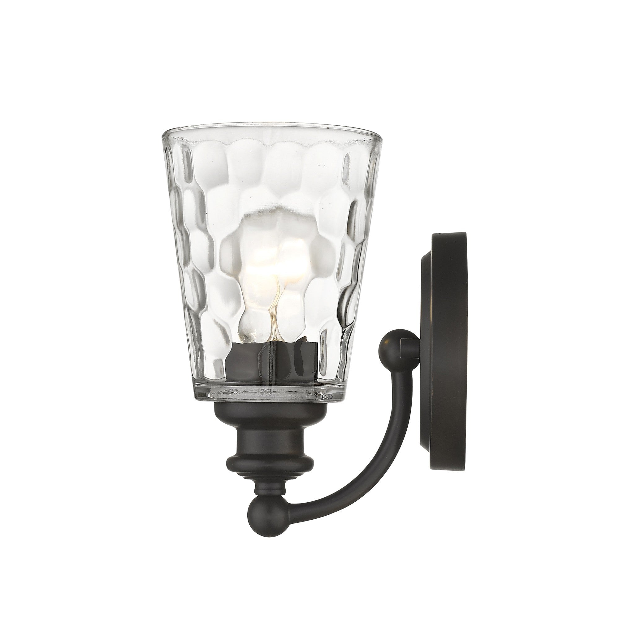 Side view of the Bronze metal wall sconce with pebbled glass shade – classic and modern indoor lighting fixture.