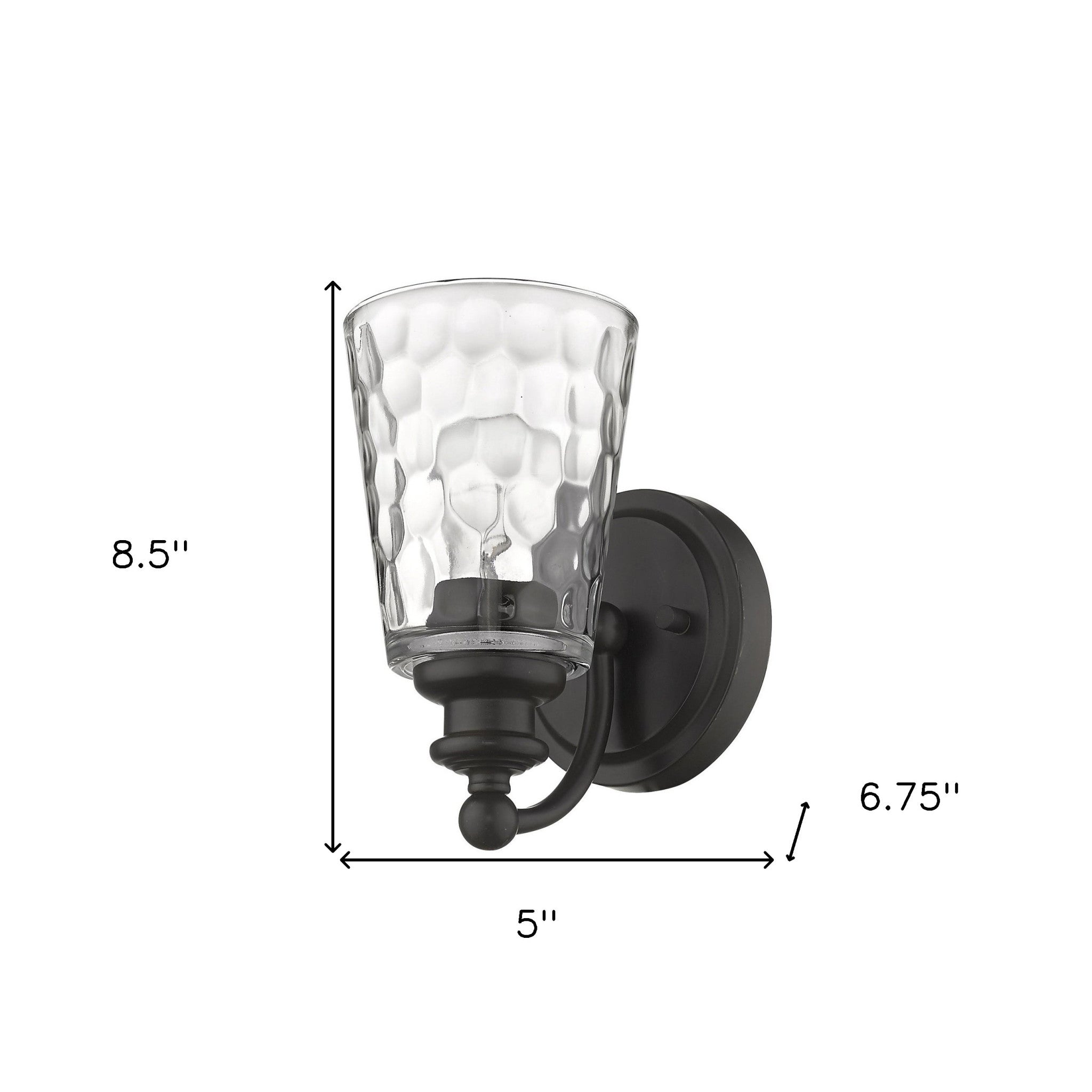 Bronze metal wall sconce with pebbled glass shade – classic and modern indoor lighting fixture shown with dimensions of 8 point 5 inches high by 5 inches wide by 6 point 75 inches deep