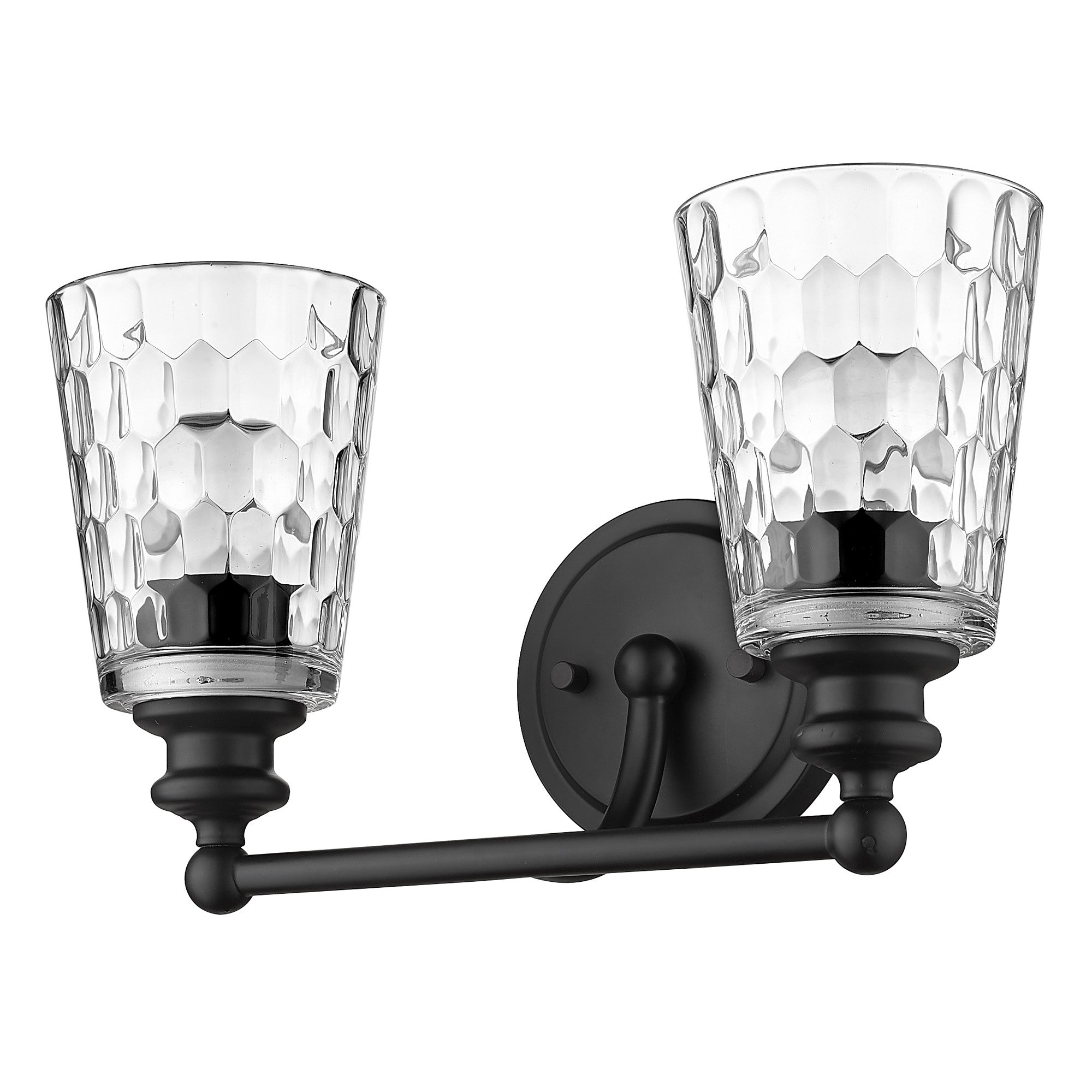 Right side angle view of the Black metal two-light wall sconce with pebbled glass shades – modern indoor lighting fixture.