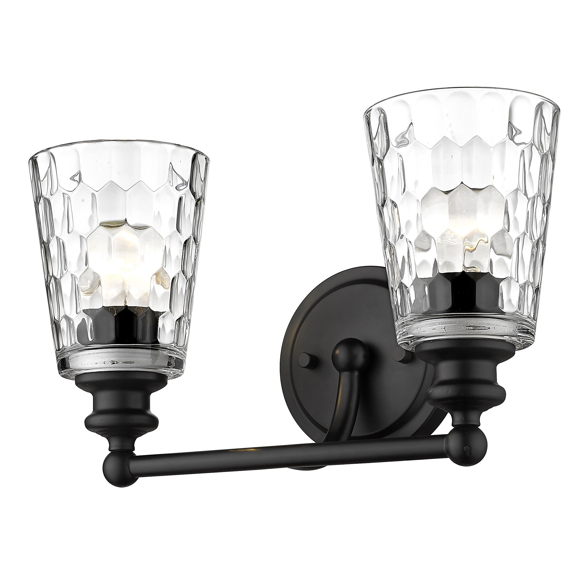 Right side angle view of the lighted Black metal two-light wall sconce with pebbled glass shades – modern indoor lighting fixture.