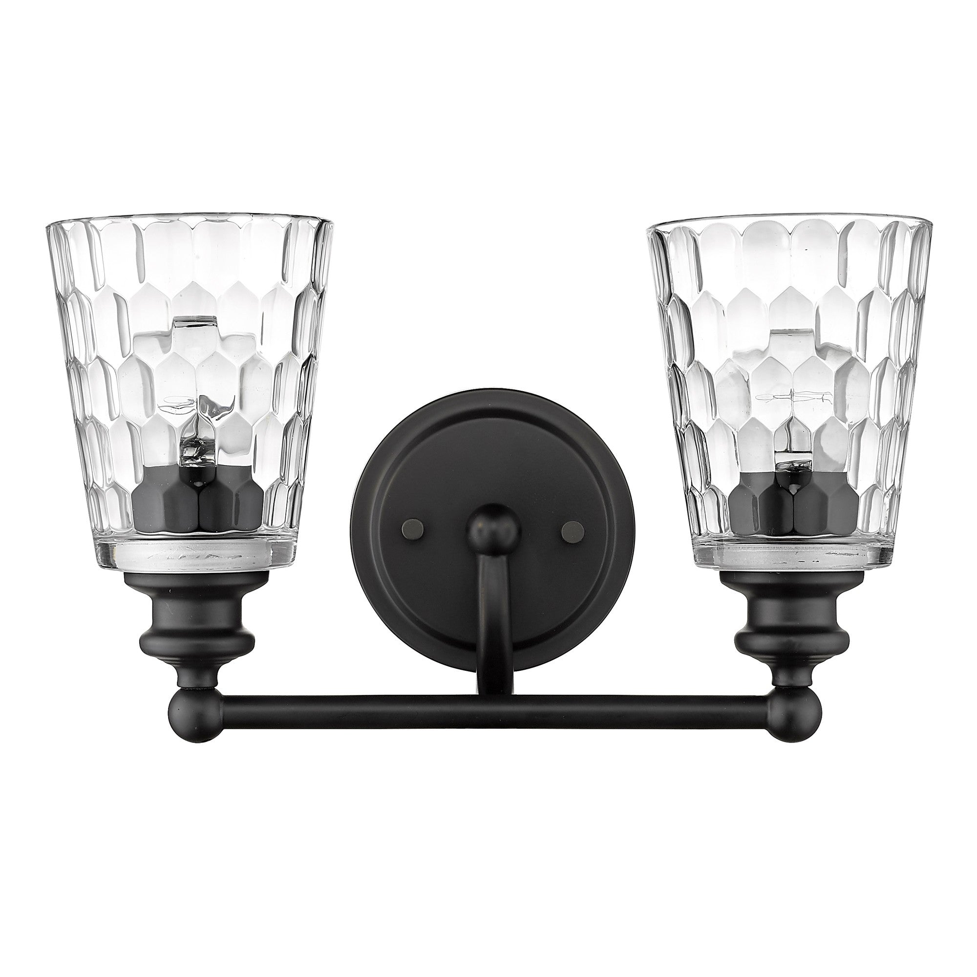 Front view of the Black metal two-light wall sconce with pebbled glass shades – modern indoor lighting fixture.