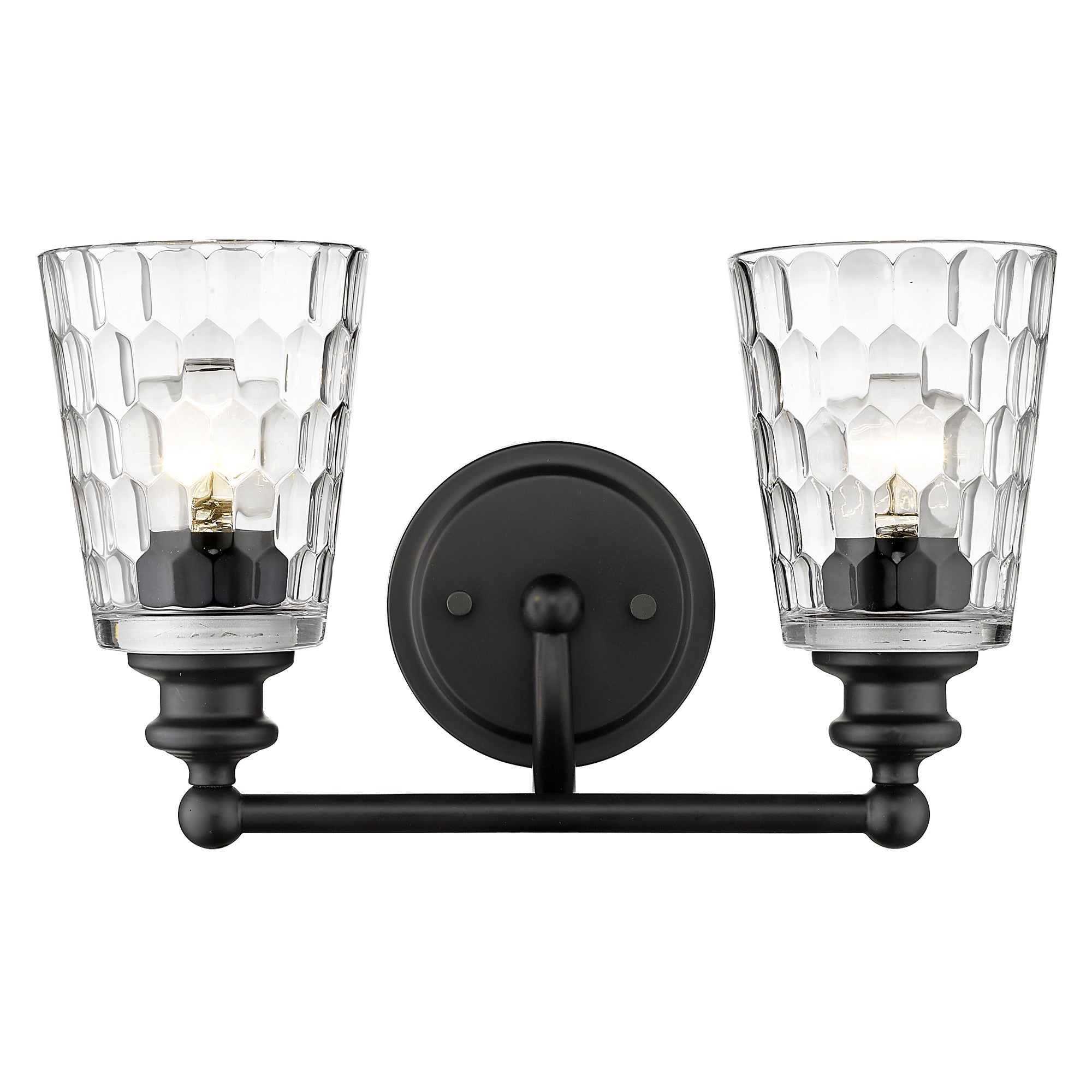 Front view of the lighted Black metal two-light wall sconce with pebbled glass shades – modern indoor lighting fixture.