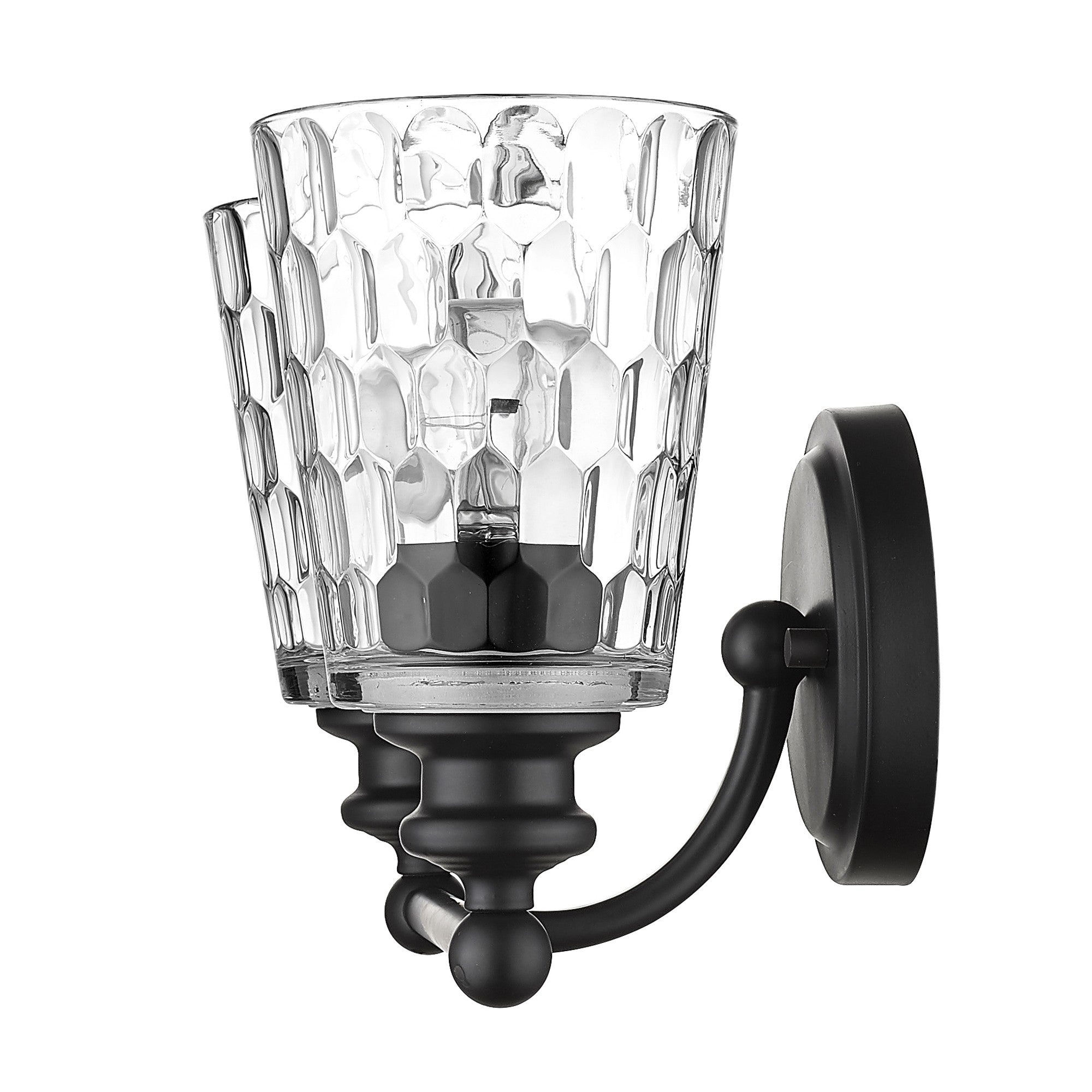 Side view of the Black metal two-light wall sconce with pebbled glass shades – modern indoor lighting fixture.