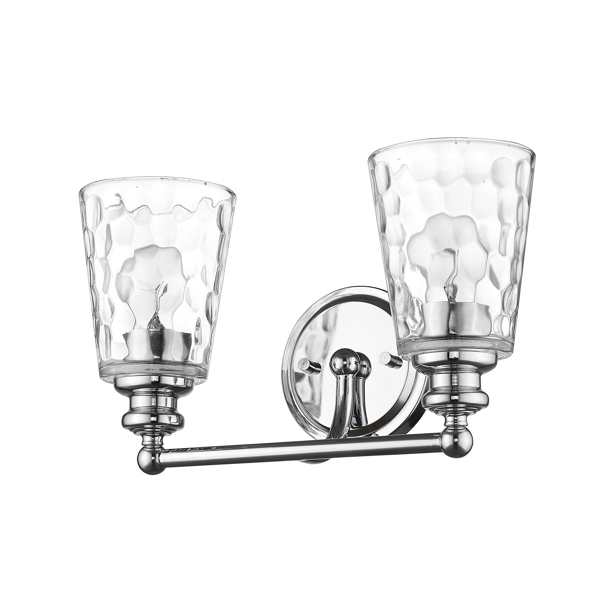 Bottom up right side angle view of the Silver metal two-light wall sconce with pebbled glass shades – modern indoor lighting fixture.