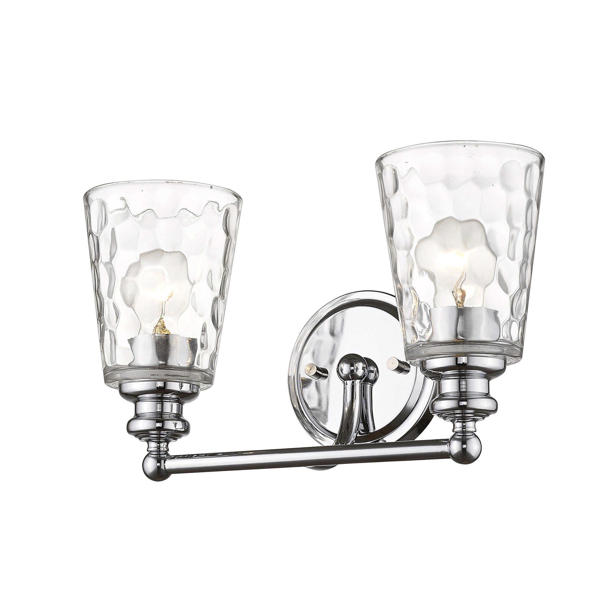 Bottom up right side angle view of the lighted Silver metal two-light wall sconce with pebbled glass shades – modern indoor lighting fixture.