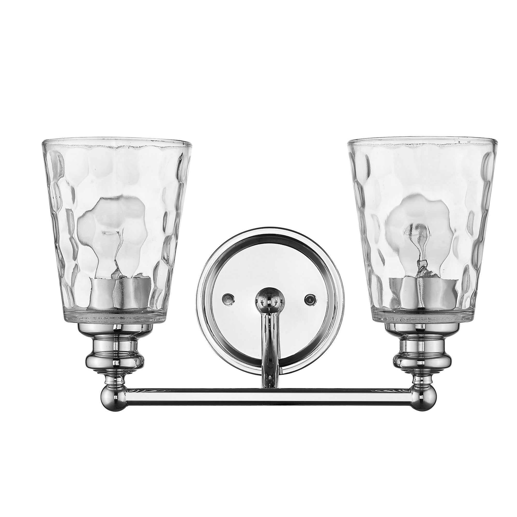Front view of the Silver metal two-light wall sconce with pebbled glass shades – modern indoor lighting fixture.