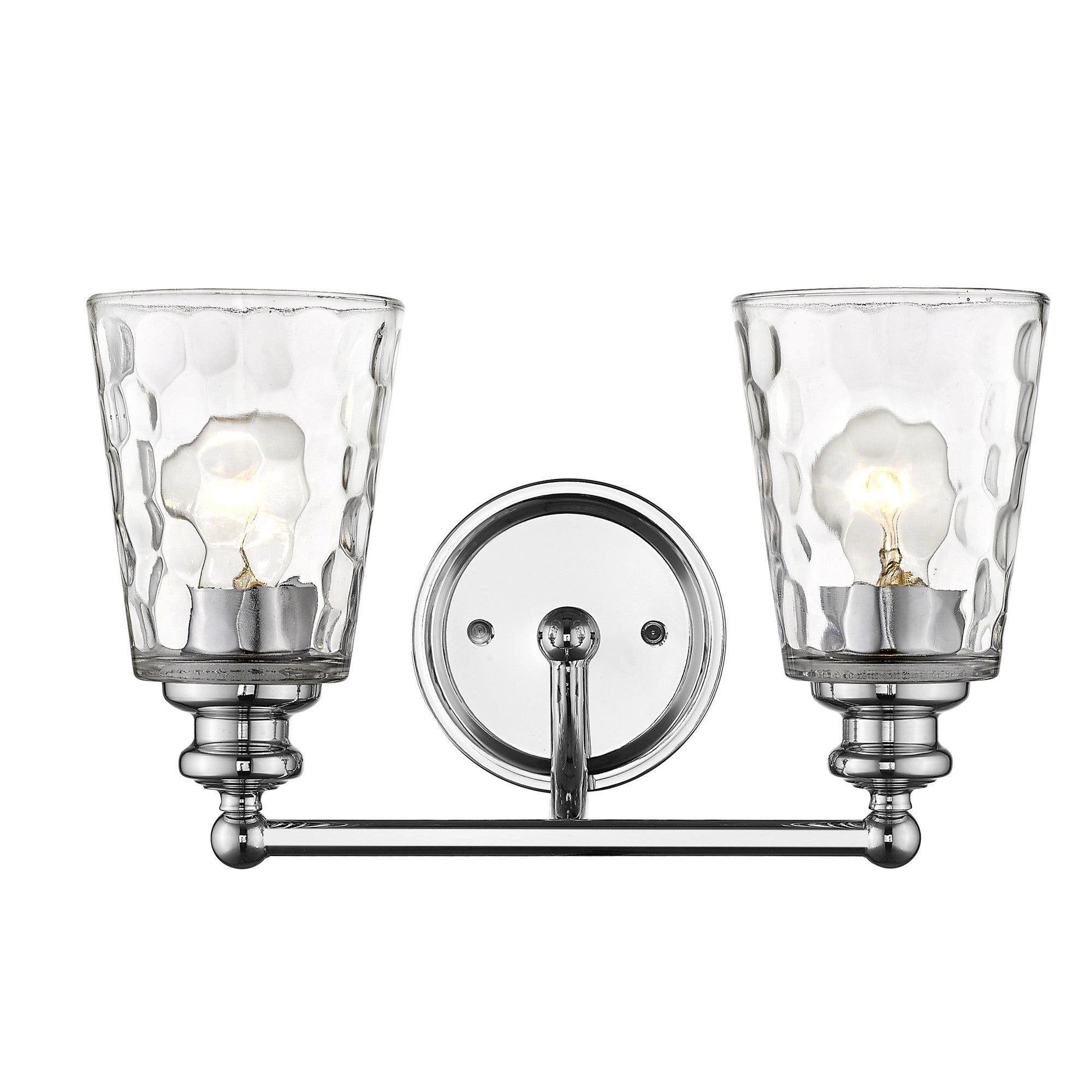 Front view of the lighted Silver metal two-light wall sconce with pebbled glass shades – modern indoor lighting fixture.