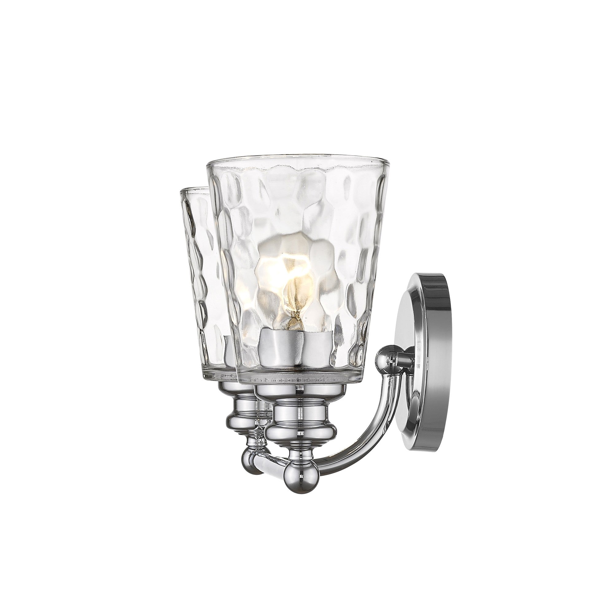 Side view of the lighted Silver metal two-light wall sconce with pebbled glass shades – modern indoor lighting fixture.