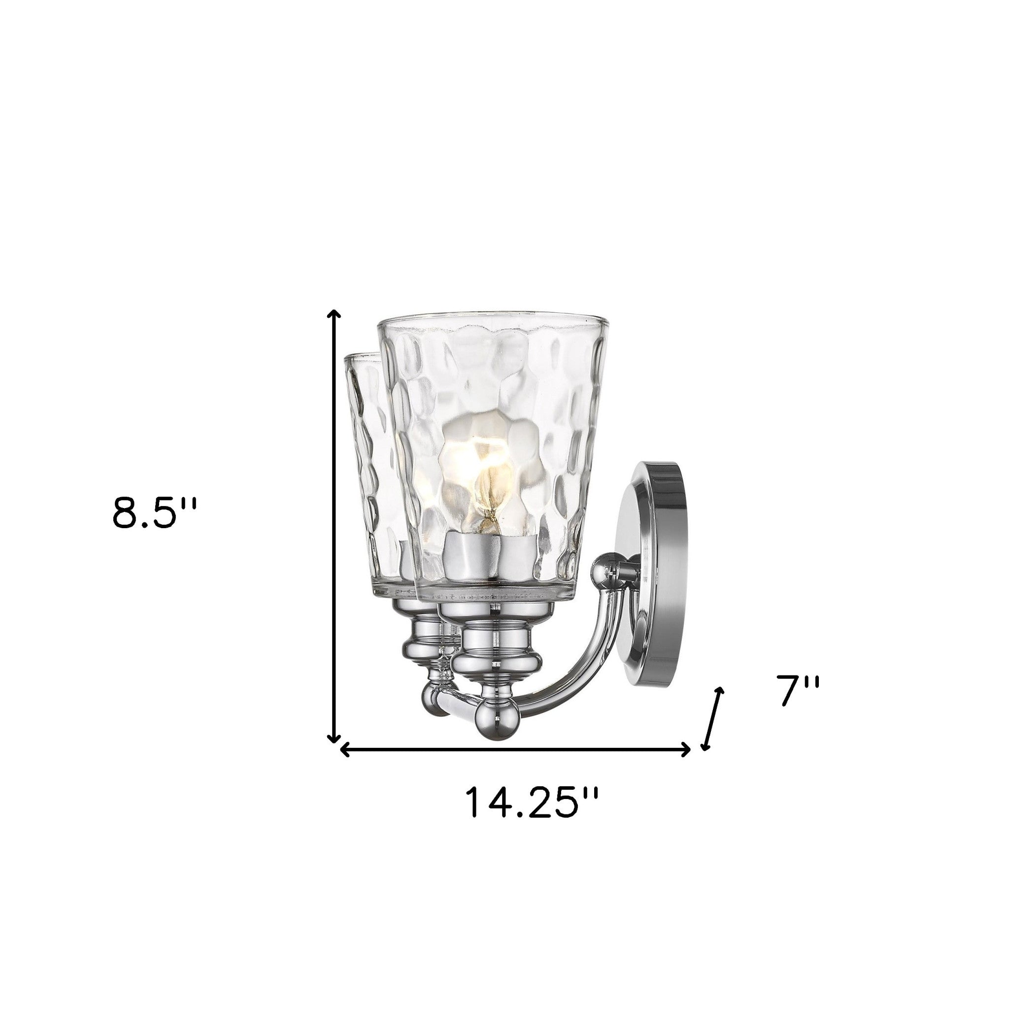 Silver metal two-light wall sconce with pebbled glass shades – modern indoor lighting fixture shown with dimensions of 8 point 5 inches high by 15 point 25 inches wide by 7 inches deep