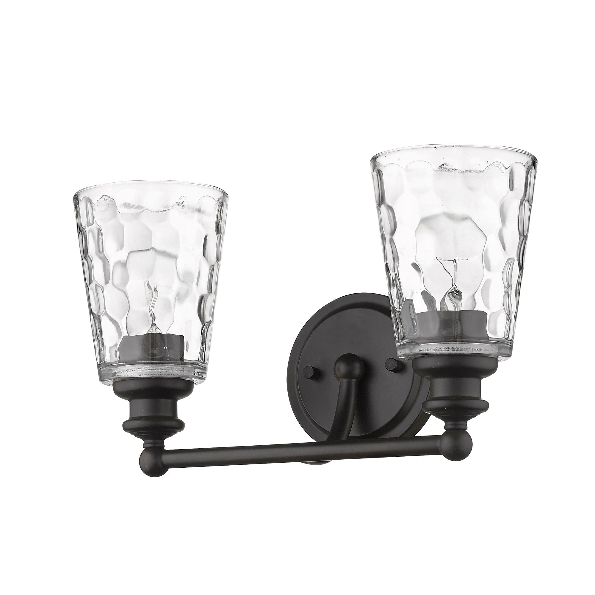right bottom up front side view of the Bronze metal two-light wall sconce with pebbled glass shades – classic and modern indoor lighting fixture.