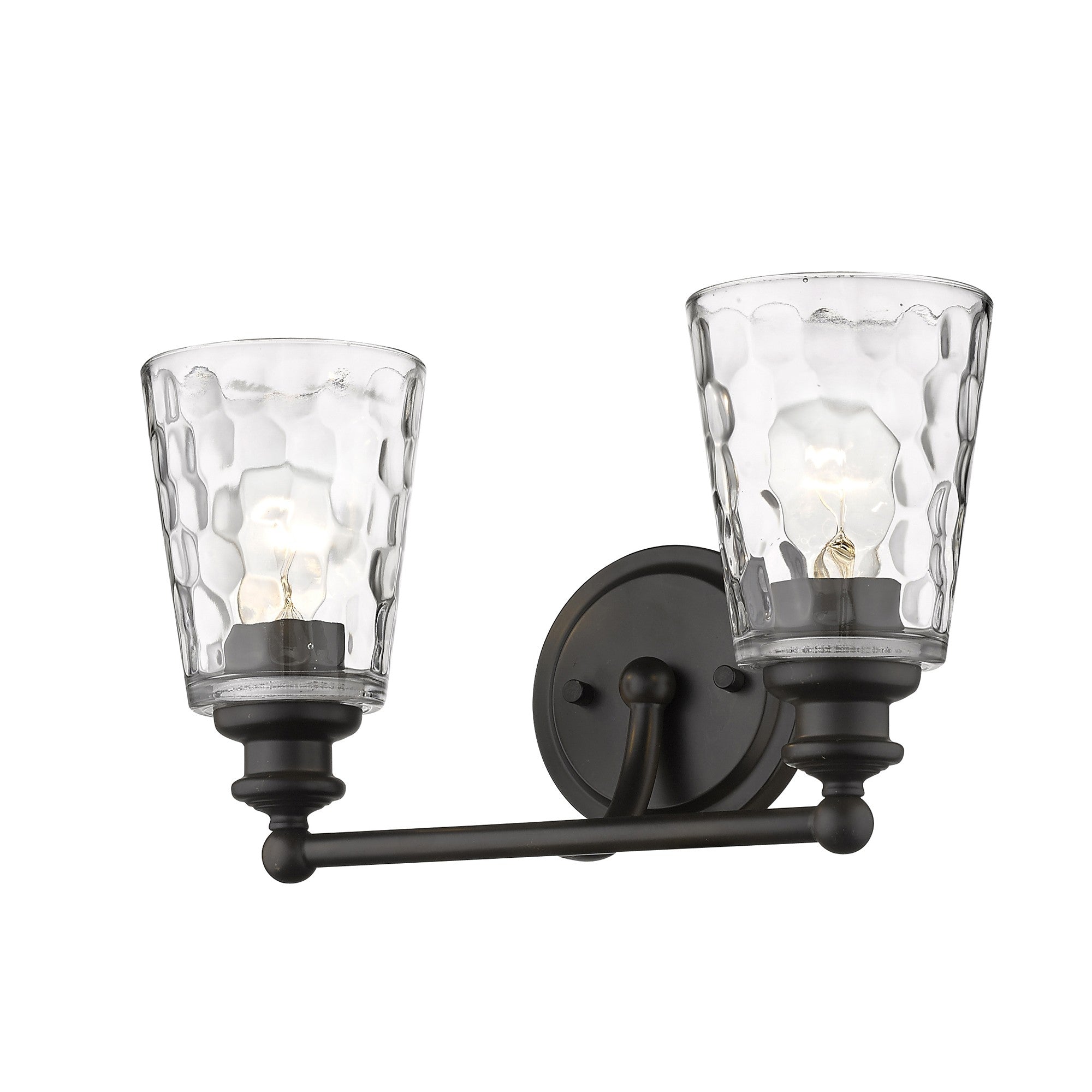 right bottom up front side view of the lighted Bronze metal two-light wall sconce with pebbled glass shades – classic and modern indoor lighting fixture.