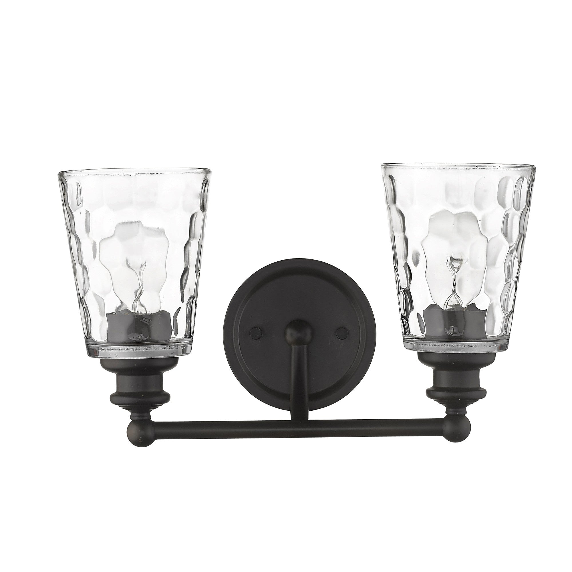 Front view of the Bronze metal two-light wall sconce with pebbled glass shades – classic and modern indoor lighting fixture.