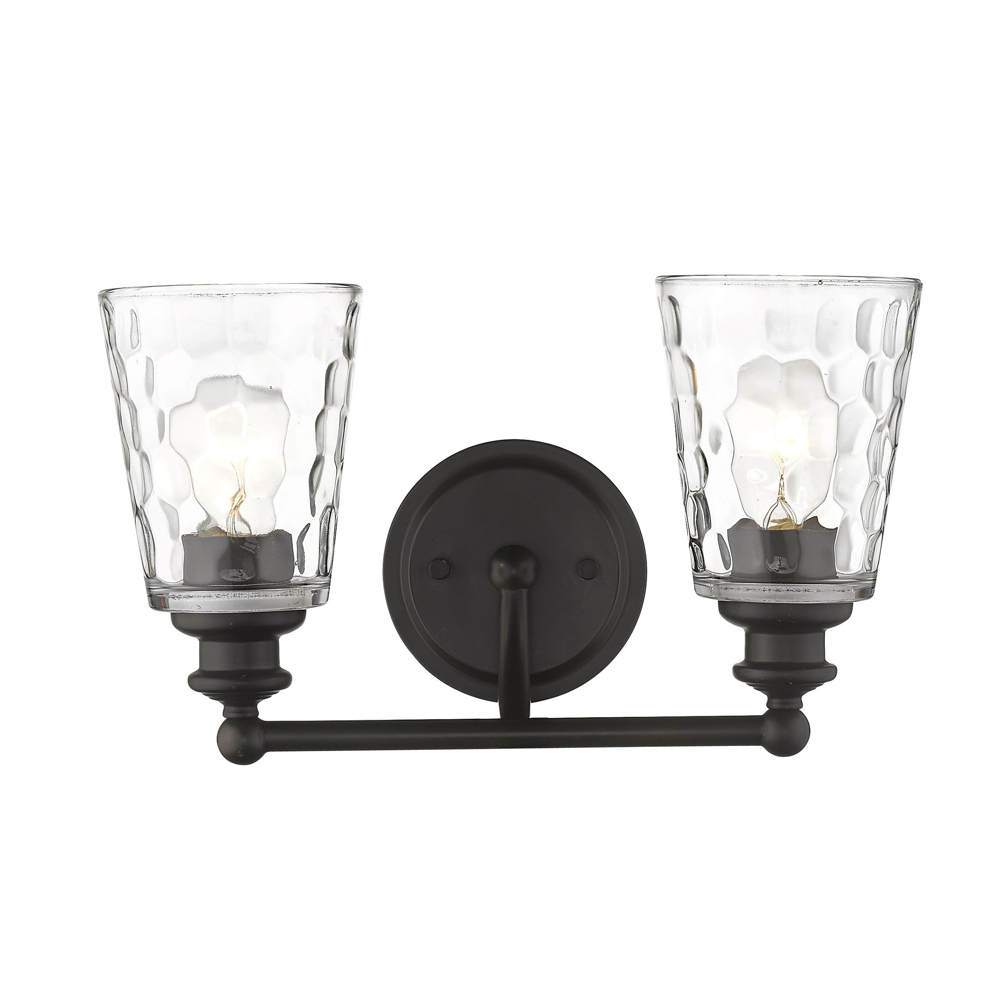 Front view of the lighted Bronze metal two-light wall sconce with pebbled glass shades – classic and modern indoor lighting fixture.