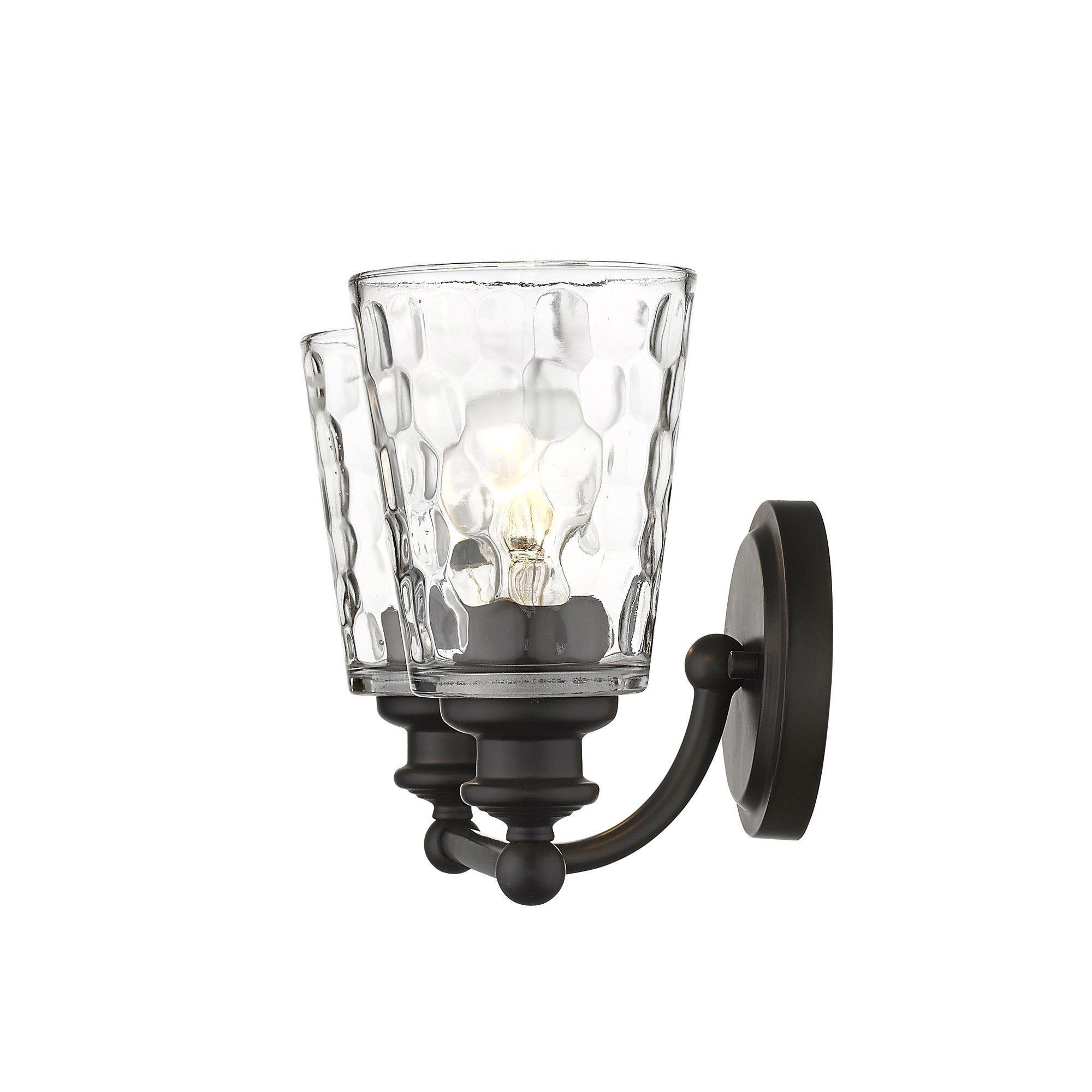 Side view of the lighted Bronze metal two-light wall sconce with pebbled glass shades – classic and modern indoor lighting fixture.