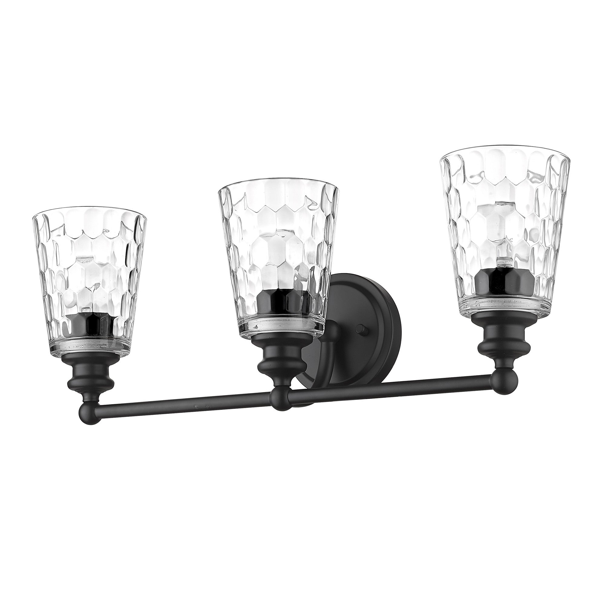 Bottom up of right side angle view of the Mae 3-light matte black bathroom vanity light with clear optic glass shades – transitional dimmable bath fixture.
