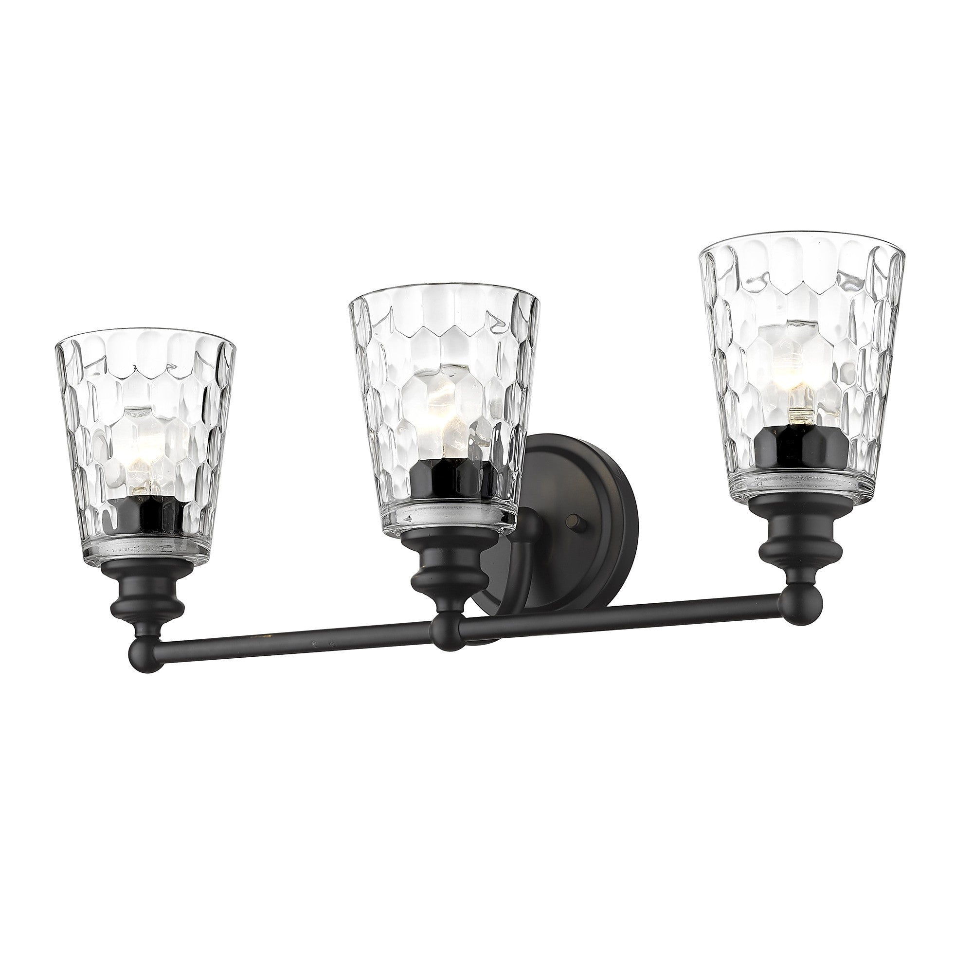 Bottom up of right side angle view of the lighted Mae 3-light matte black bathroom vanity light with clear optic glass shades – transitional dimmable bath fixture.