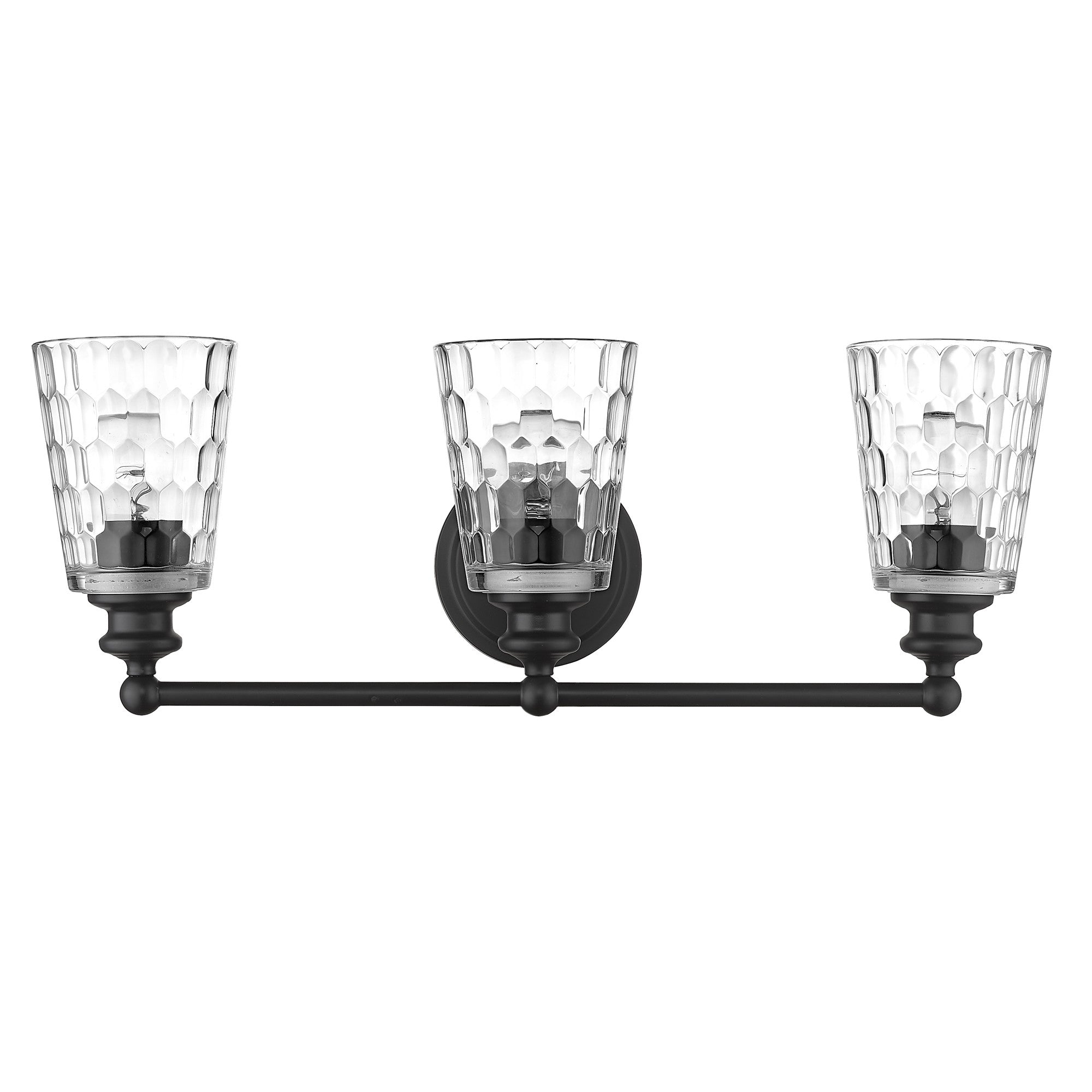 Front view of the Mae 3-light matte black bathroom vanity light with clear optic glass shades – transitional dimmable bath fixture.