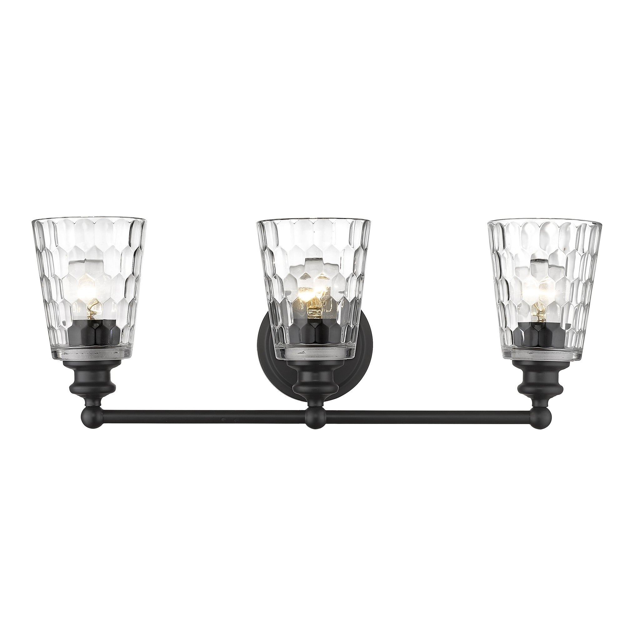 Front view of the lighted Mae 3-light matte black bathroom vanity light with clear optic glass shades – transitional dimmable bath fixture.
