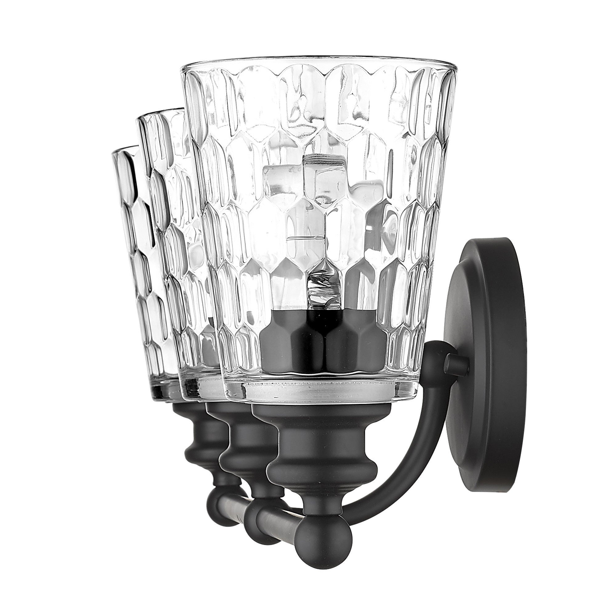 Side view of the Mae 3-light matte black bathroom vanity light with clear optic glass shades – transitional dimmable bath fixture.