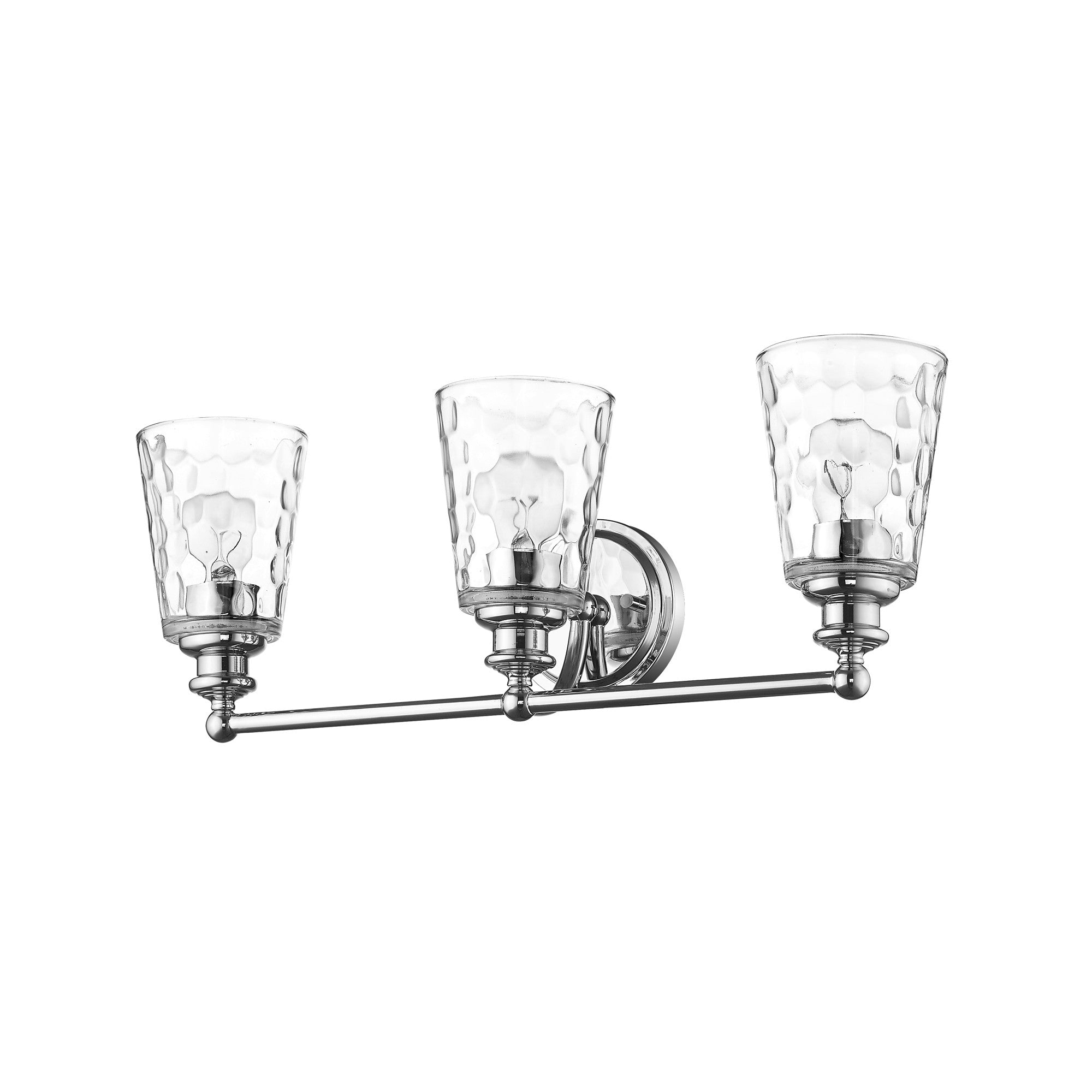 Right side bottom up angle view of the Mae 3-light chrome bathroom vanity light with clear optic glass shades – transitional dimmable bath fixture.
