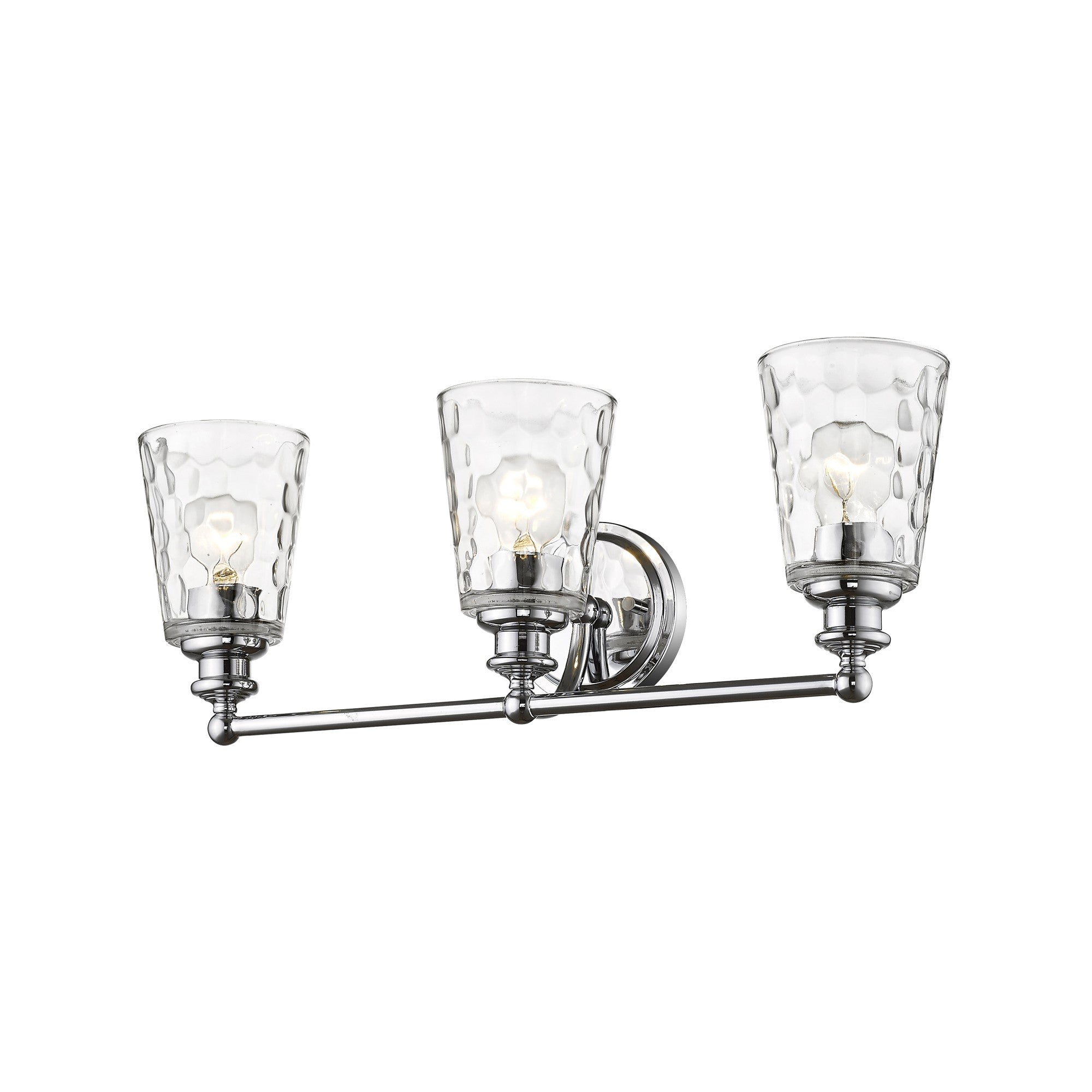 Right side bottom up angle view of the lighted Mae 3-light chrome bathroom vanity light with clear optic glass shades – transitional dimmable bath fixture.
