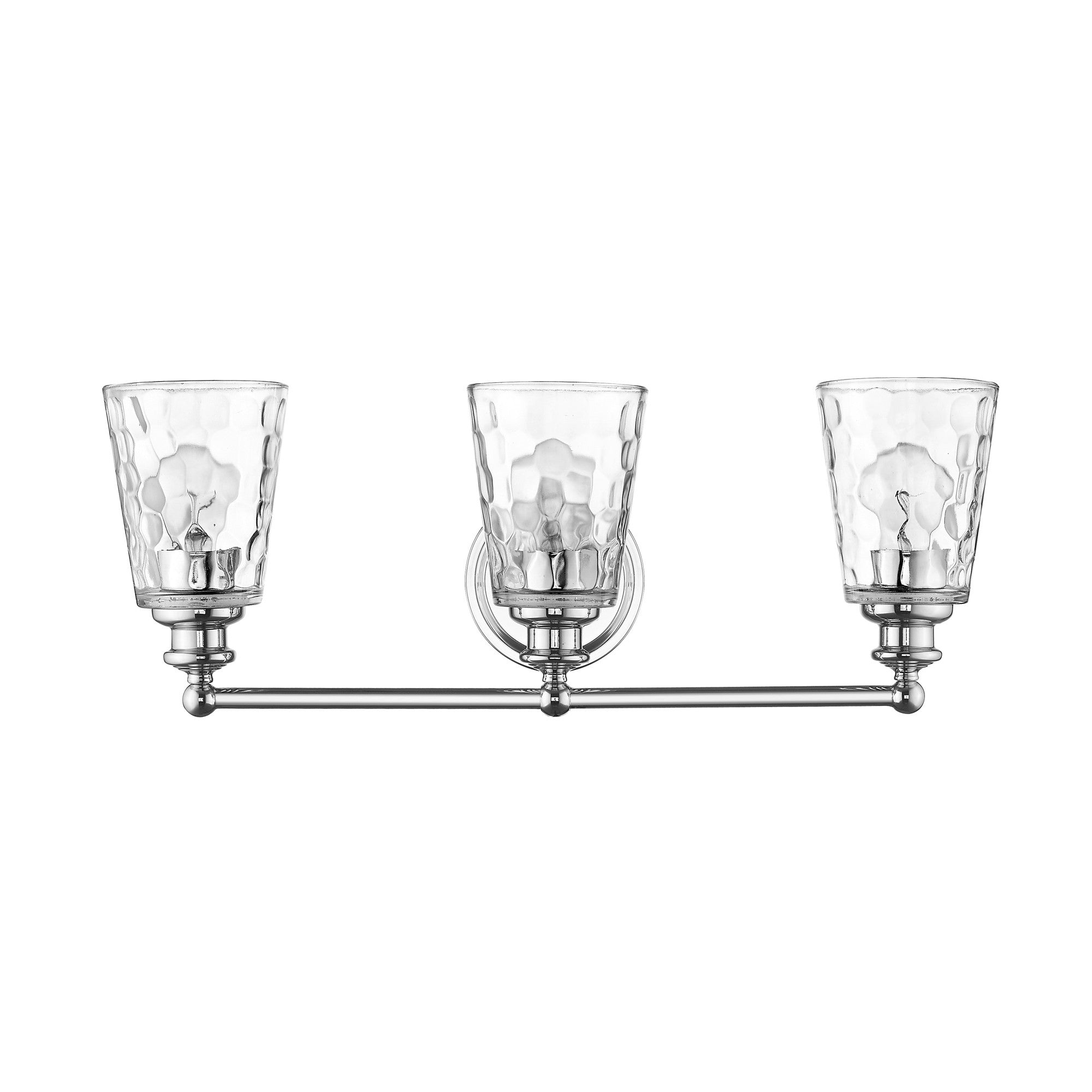 Front view of the Mae 3-light chrome bathroom vanity light with clear optic glass shades – transitional dimmable bath fixture.