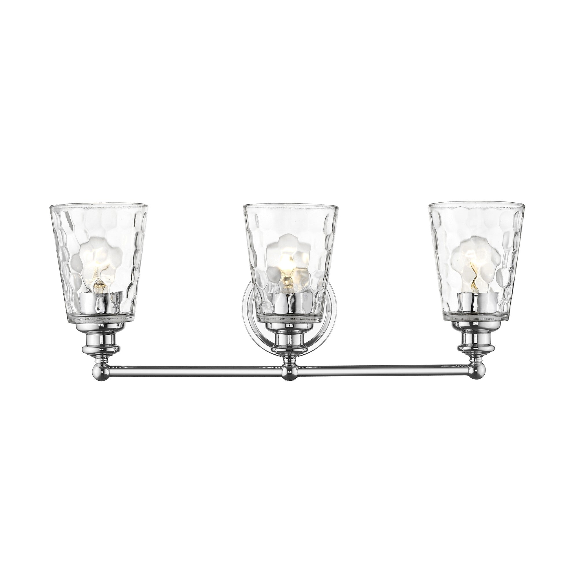 Front view of the lighted Mae 3-light chrome bathroom vanity light with clear optic glass shades – transitional dimmable bath fixture.