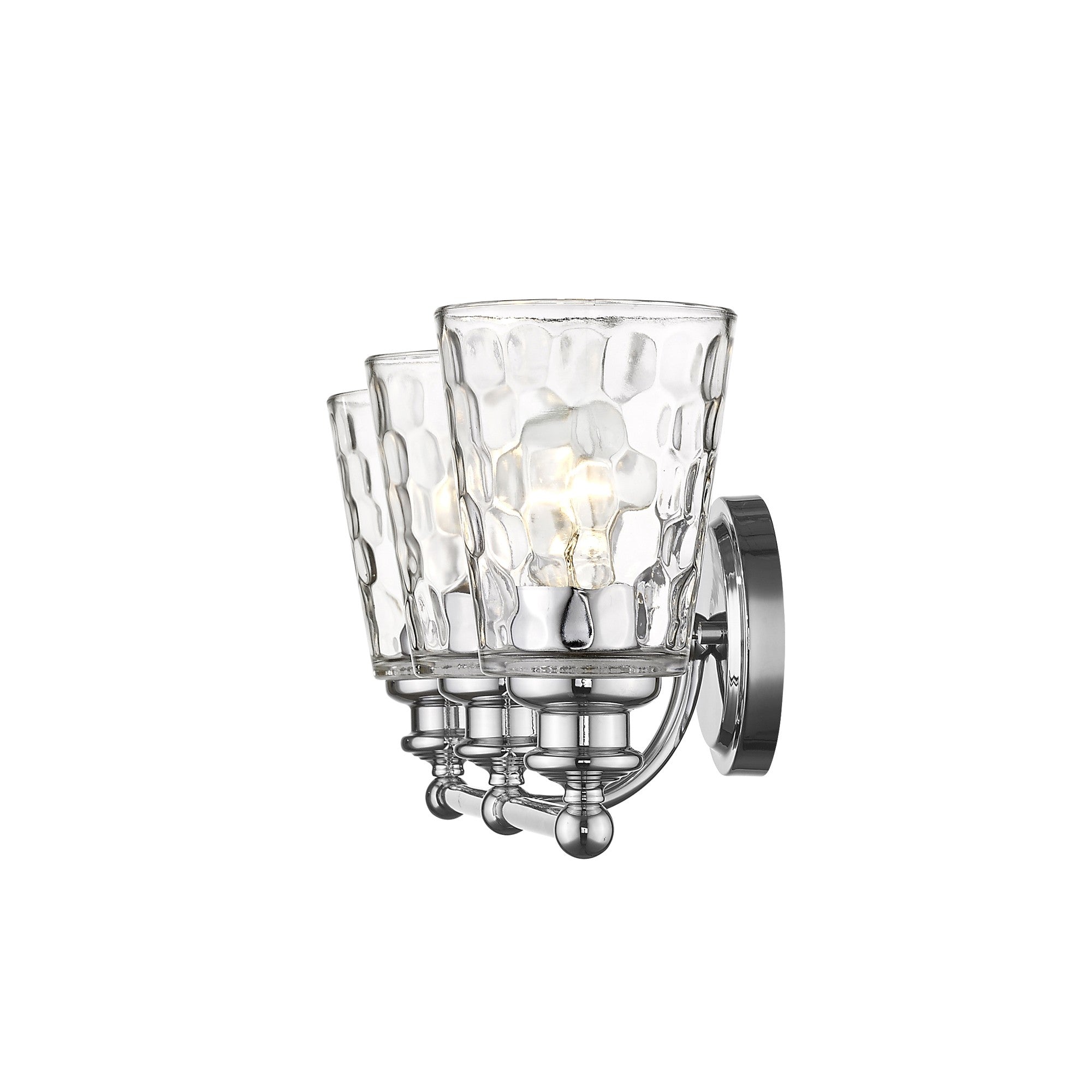 Side view of the lighted Mae 3-light chrome bathroom vanity light with clear optic glass shades – transitional dimmable bath fixture.