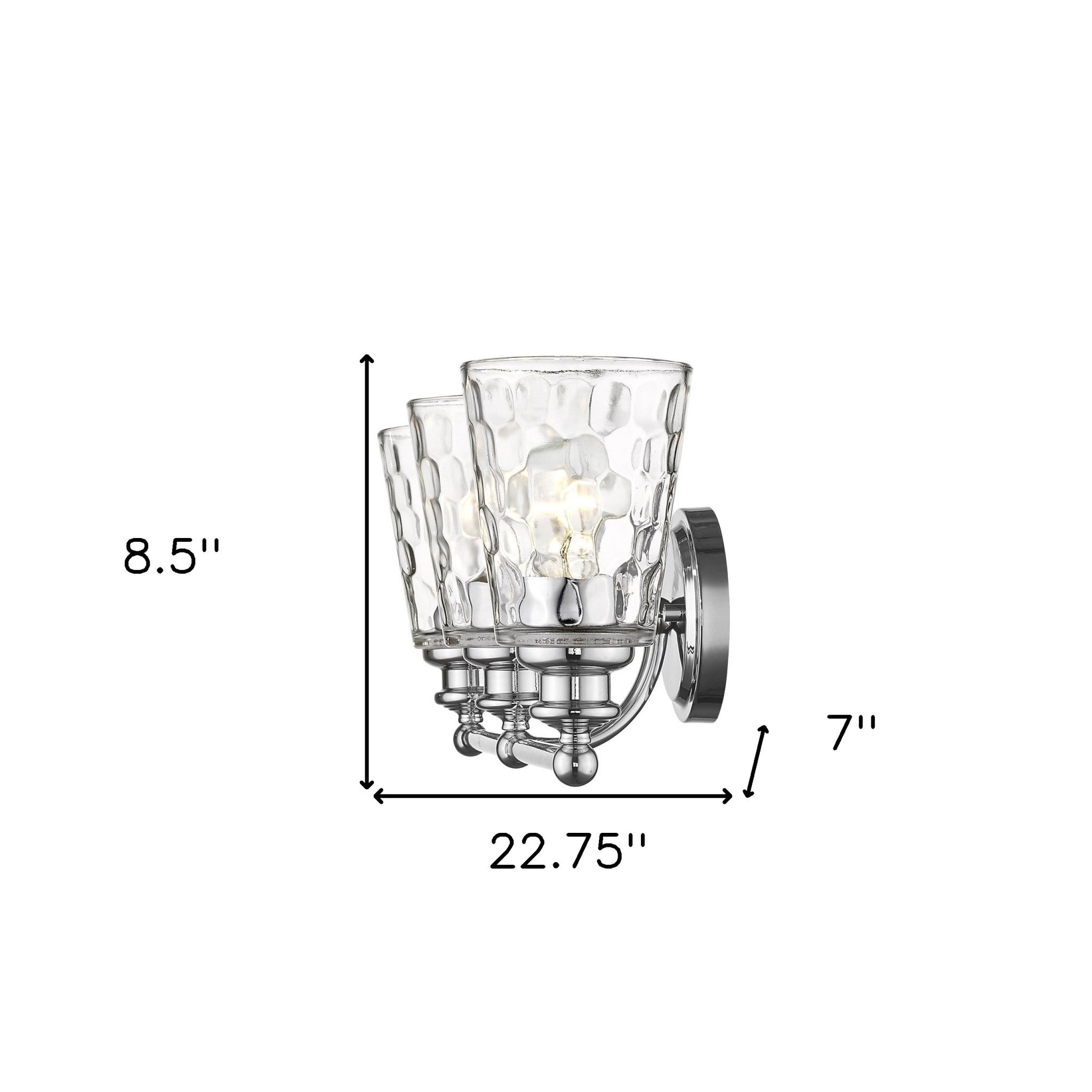 Mae 3-light chrome bathroom vanity light with clear optic glass shades – transitional dimmable bath fixture shown with dimensions of 8 point 5 inches high by 22 point 75 inches wide by 7 inches deep