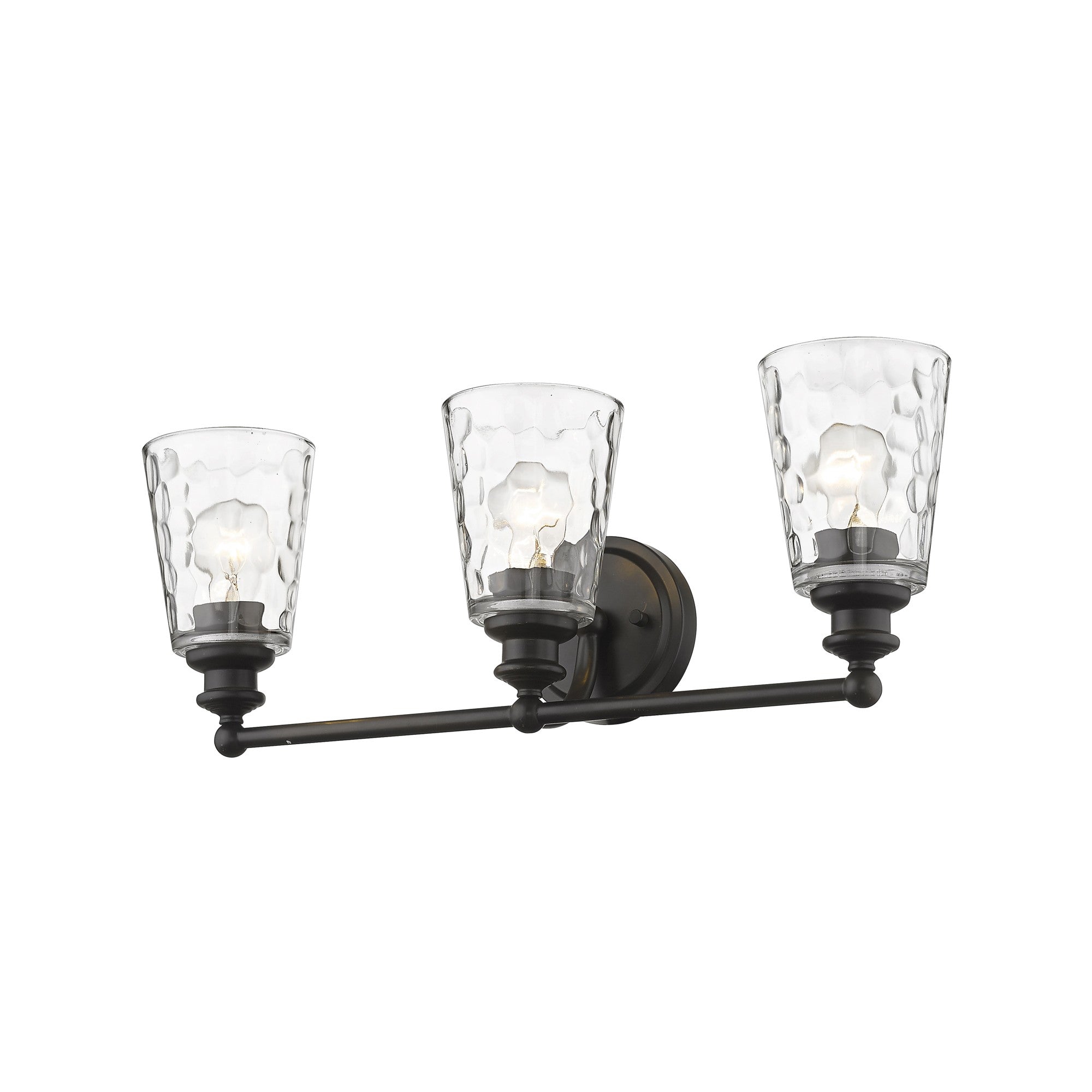 Right side bottom up view of lighted Mae 3-light oil-rubbed bronze bathroom vanity light with clear optic glass shades – transitional dimmable bath fixture.