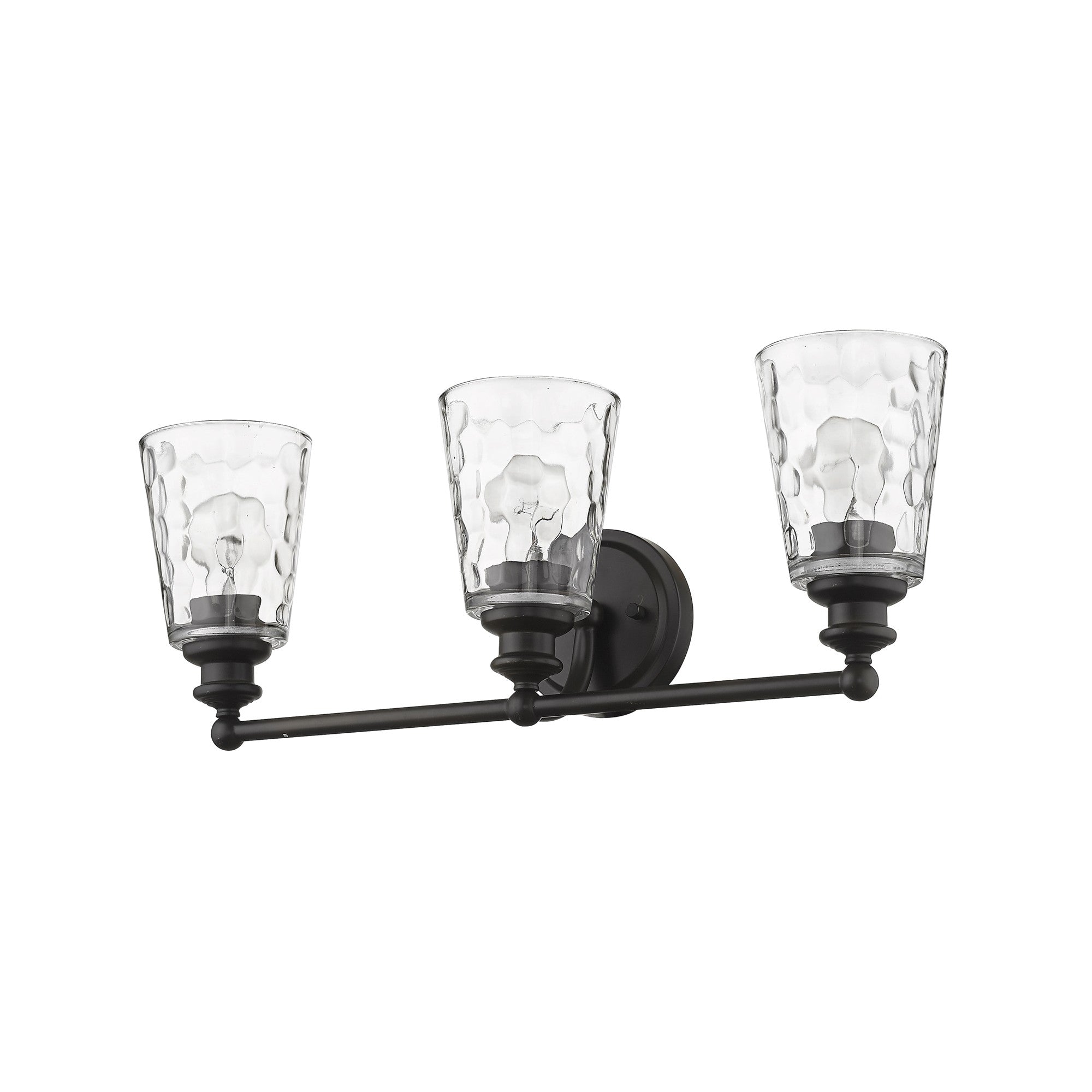 Right side bottom up view of Mae 3-light oil-rubbed bronze bathroom vanity light with clear optic glass shades – transitional dimmable bath fixture.
