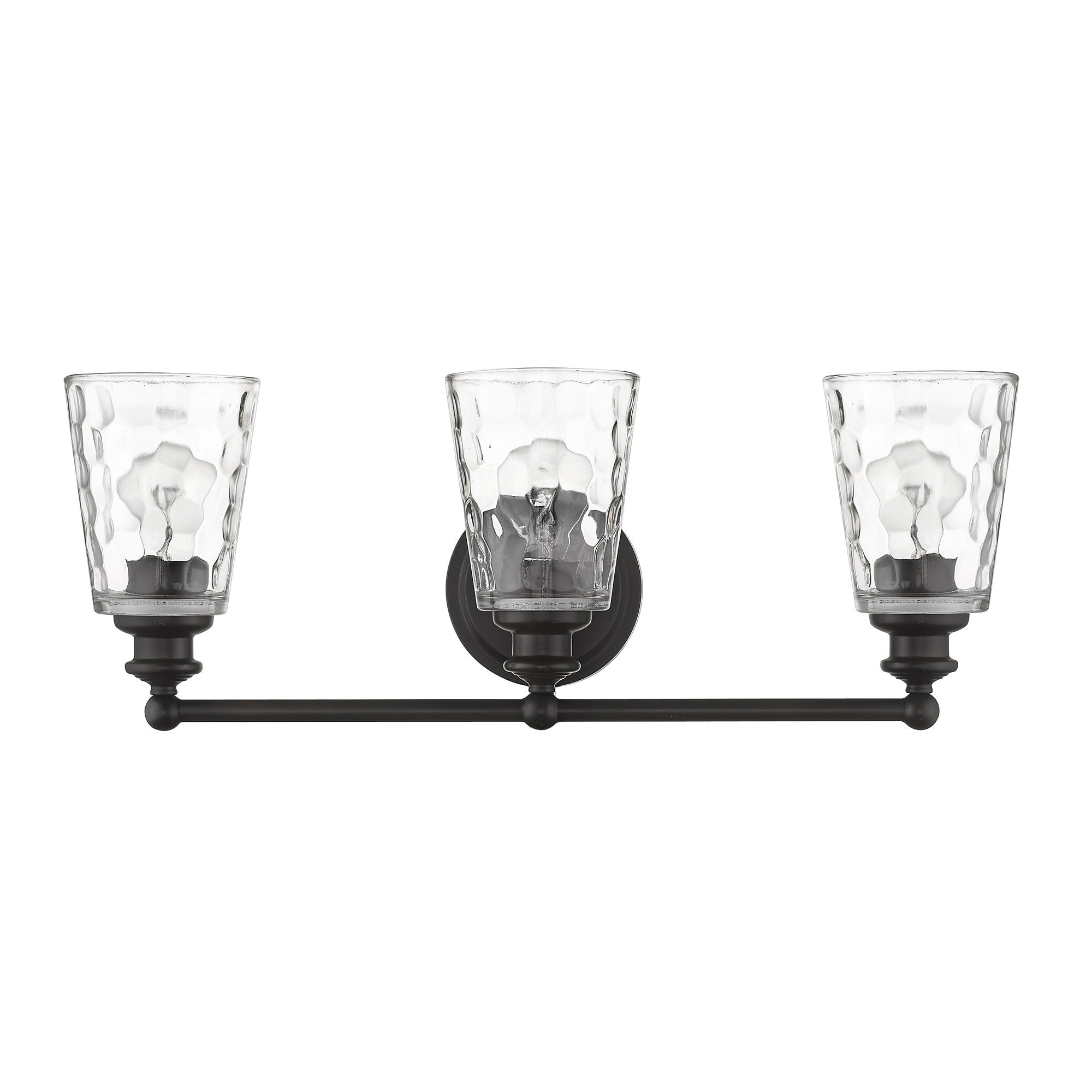 Front view of the Mae 3-light oil-rubbed bronze bathroom vanity light with clear optic glass shades – transitional dimmable bath fixture.