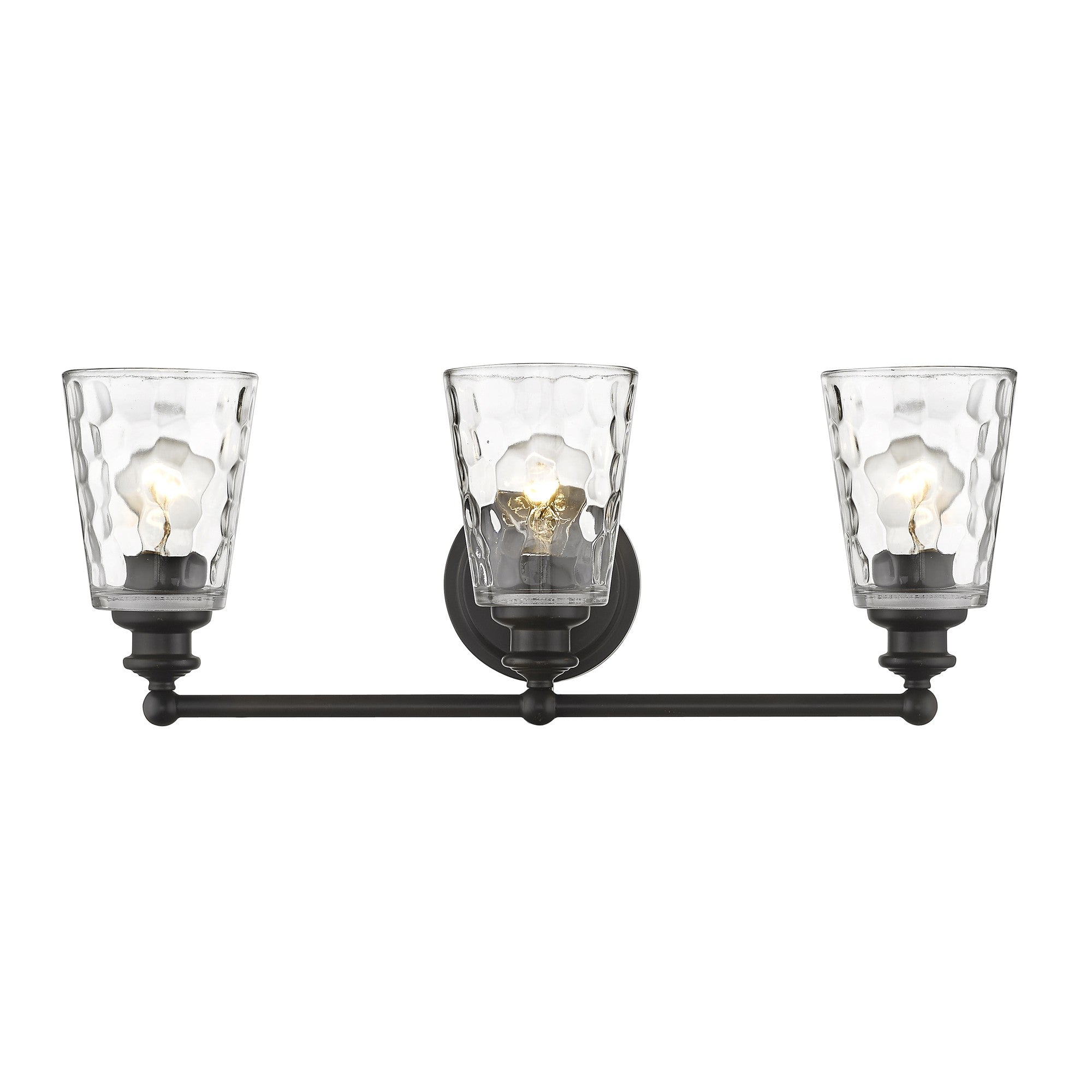 Front view of lighted Mae 3-light oil-rubbed bronze bathroom vanity light with clear optic glass shades – transitional dimmable bath fixture.