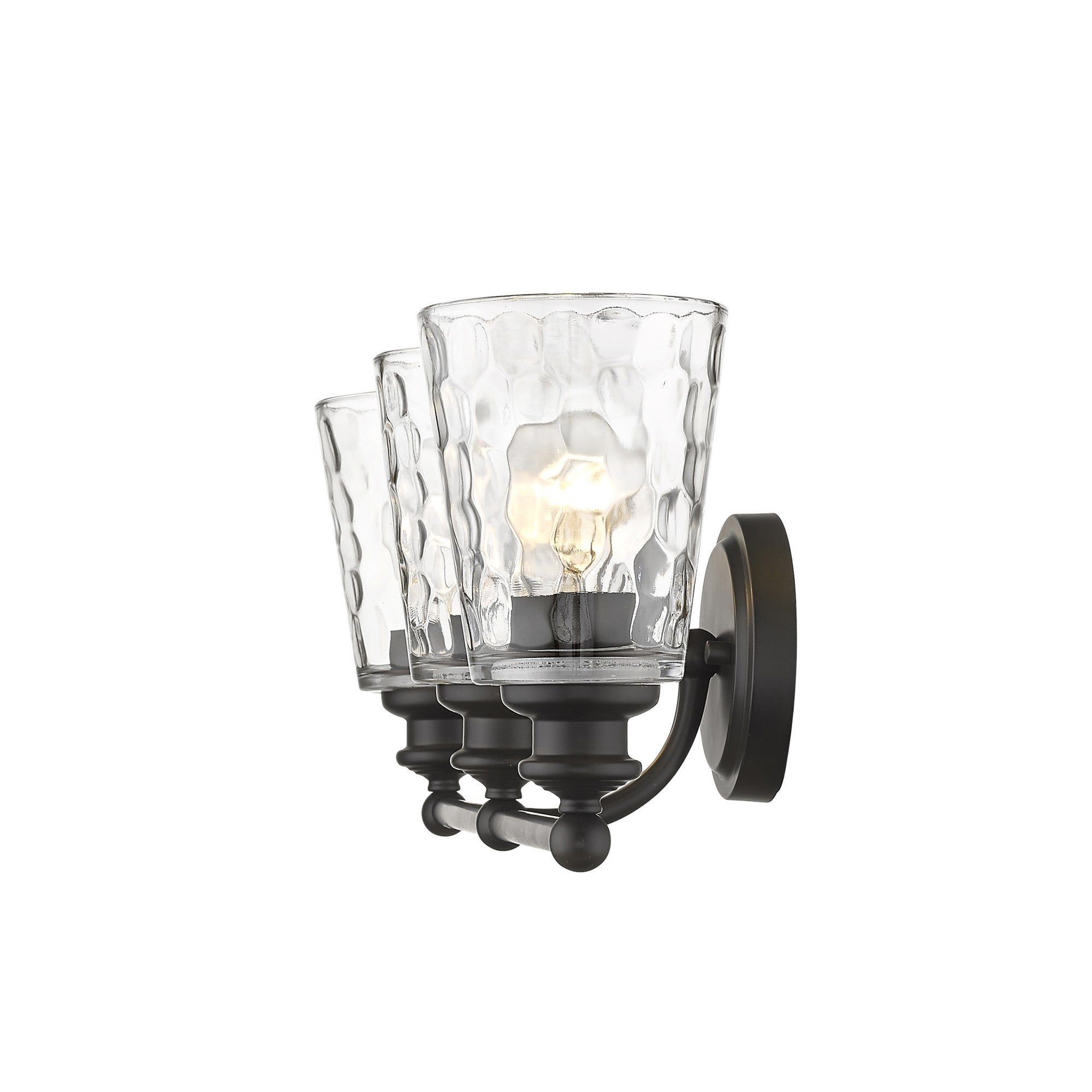 Side view of lighted Mae 3-light oil-rubbed bronze bathroom vanity light with clear optic glass shades – transitional dimmable bath fixture.