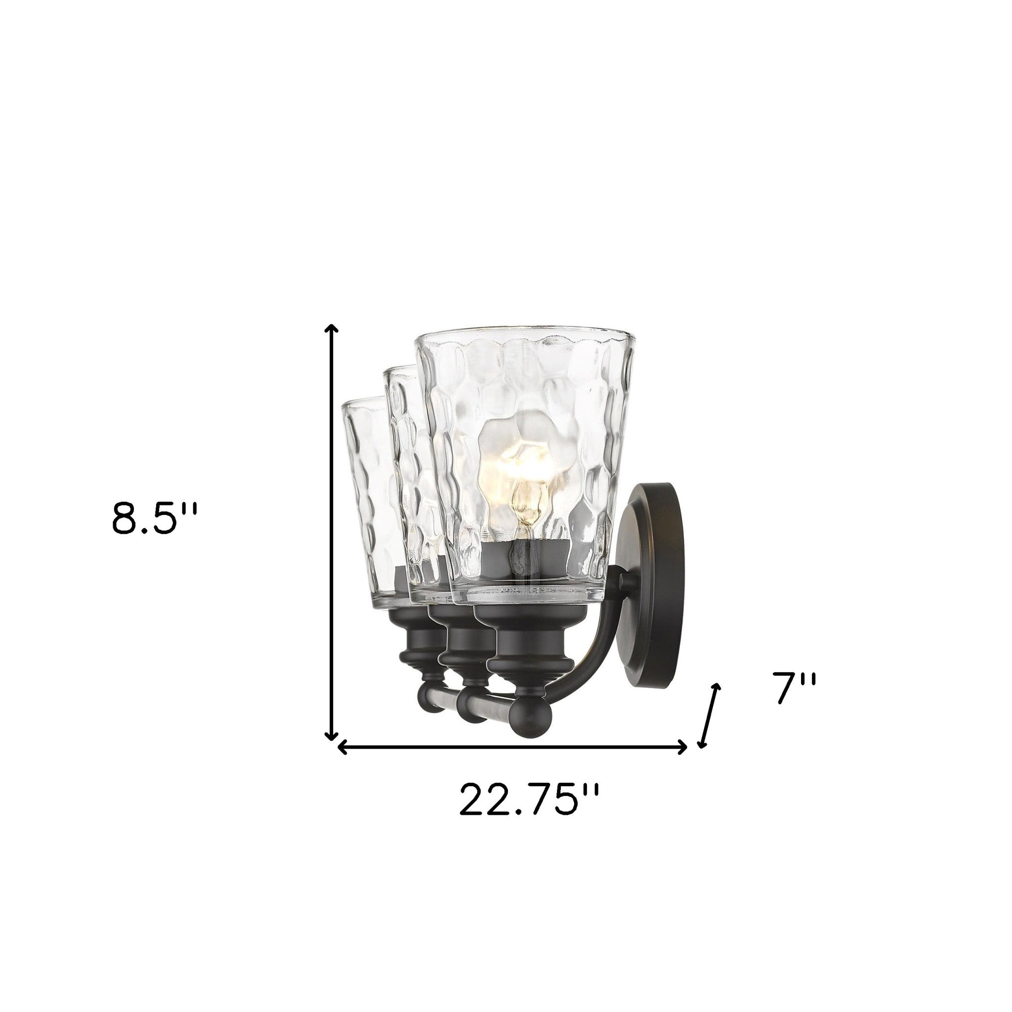 Mae 3-light oil-rubbed bronze bathroom vanity light with clear optic glass shades – transitional dimmable bath fixture shown with dimensions of 8 point 5 inches high by 22 point 75 inches wide by 7 inches deep