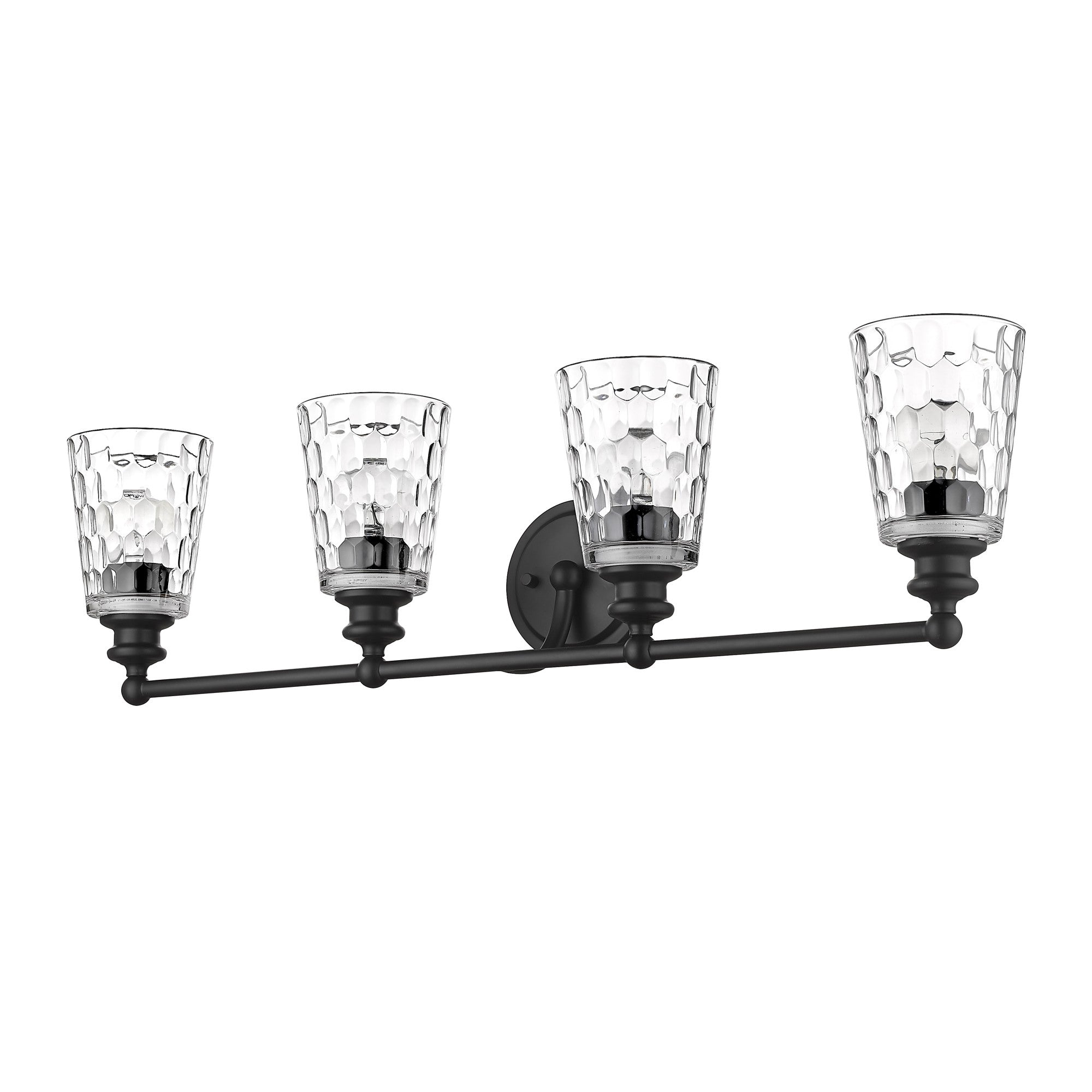 Right side bottom up view of the Mae 4-light matte black bathroom vanity light with clear optic glass shades – transitional dimmable bath fixture.