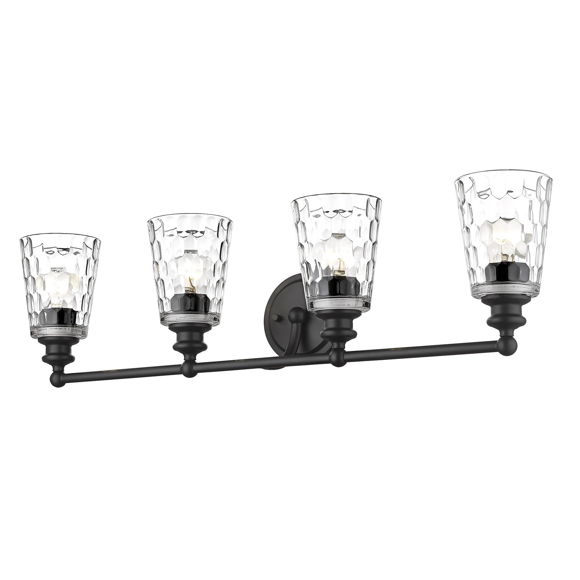 Right side bottom up view of the lighted Mae 4-light matte black bathroom vanity light with clear optic glass shades – transitional dimmable bath fixture.