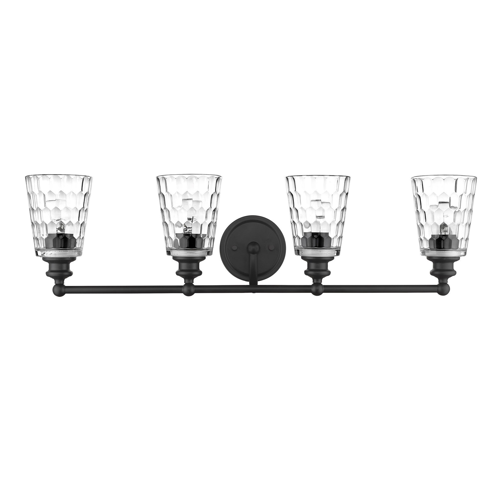 Front view of the Mae 4-light matte black bathroom vanity light with clear optic glass shades – transitional dimmable bath fixture.