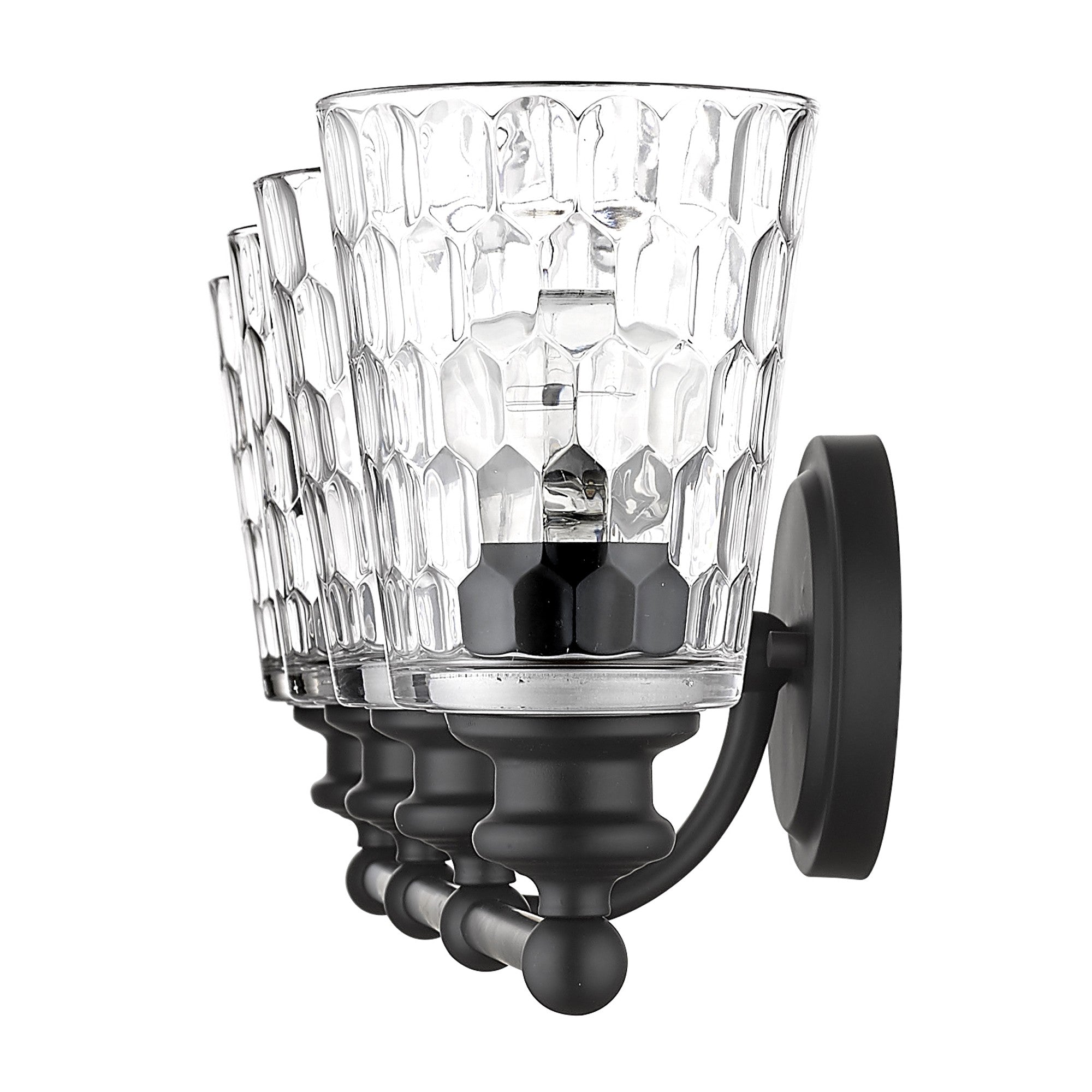 Side view of the Mae 4-light matte black bathroom vanity light with clear optic glass shades – transitional dimmable bath fixture.